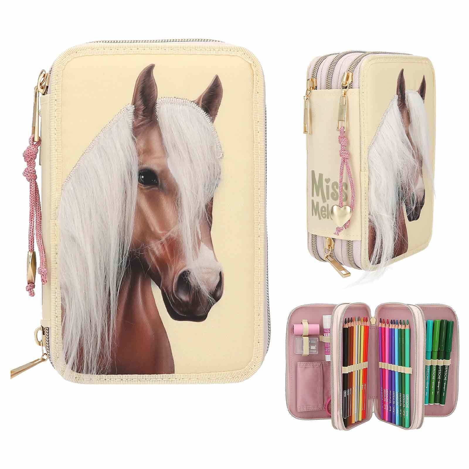 Depesche Buntstift »3-Fach Federtasche mit Pferdekopf-Applikation inkl. Stifte Miss Melody 7,5 x 13 x 20 cm hellgelb«