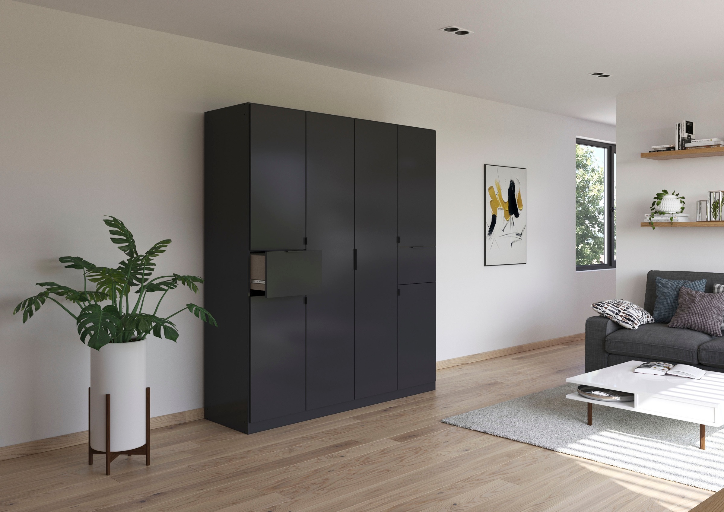 rauch Drehtürenschrank »Kleiderschrank Schrank Garderobe Wäscheschrank TICAO«, (Schubladen in der Höhe variabel positionierbar), mit 2 geräumigen Schubladen, viel Stauraum MADE IN GERMANY