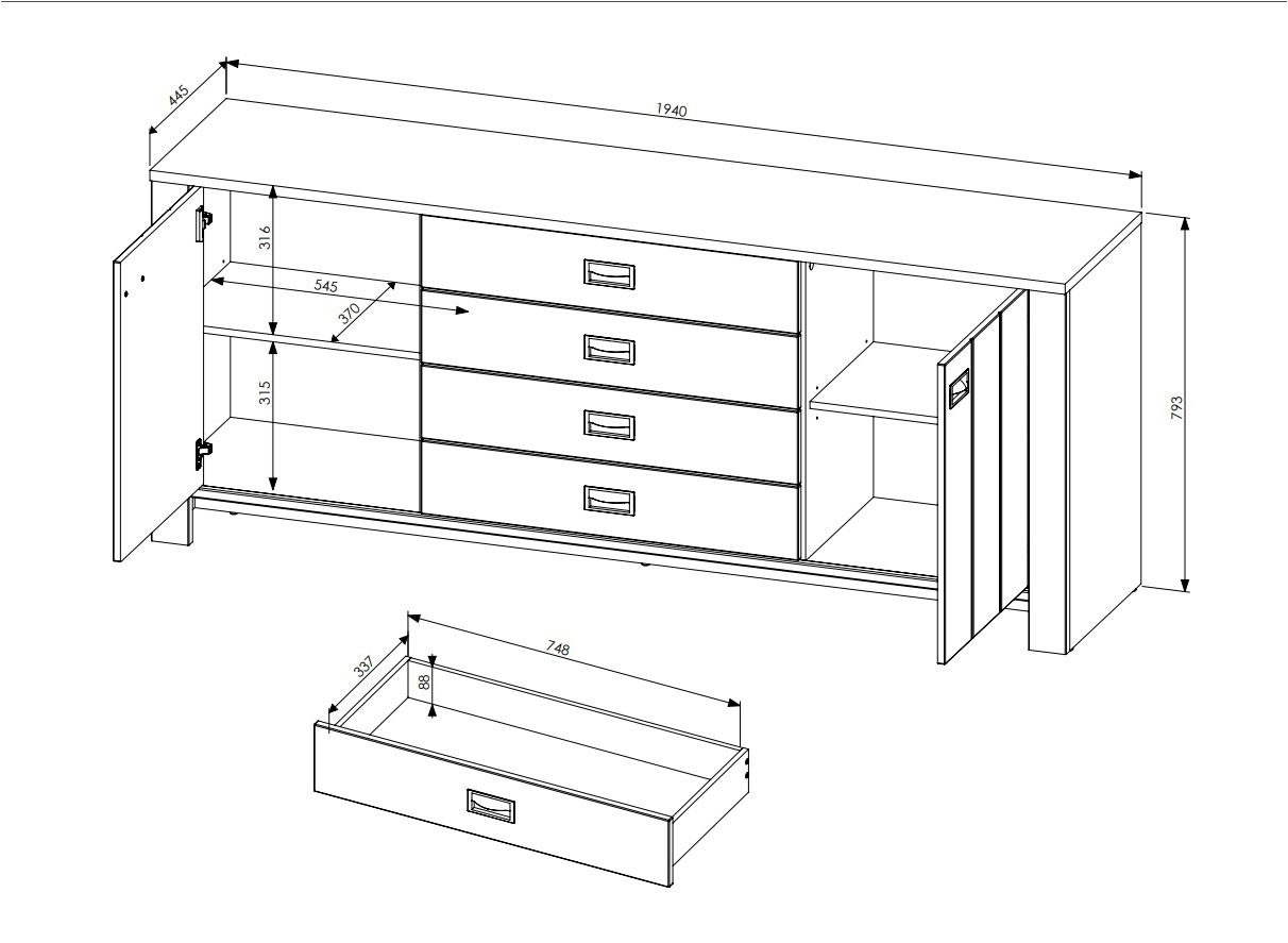 Innostyle Sideboard »DIJON«, (1 St.), 2 türig, 4 Fächer, 4 Schubladen, 2 Einlegeböden, Softclose