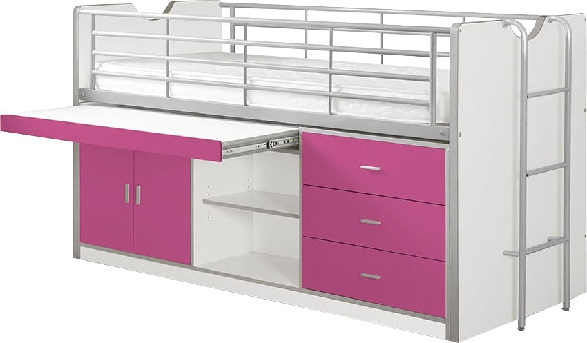 Vipack Hochbett »Bonny, mit zeitloser Optik, super praktisch im Kinderzimmer«, (B/H/T ca. 207x116x96cm, Dekor Oberfläche, in verschieden Farben), mit großer Schreibplatte, Schubladen, Fächern, maximaler Stauraum