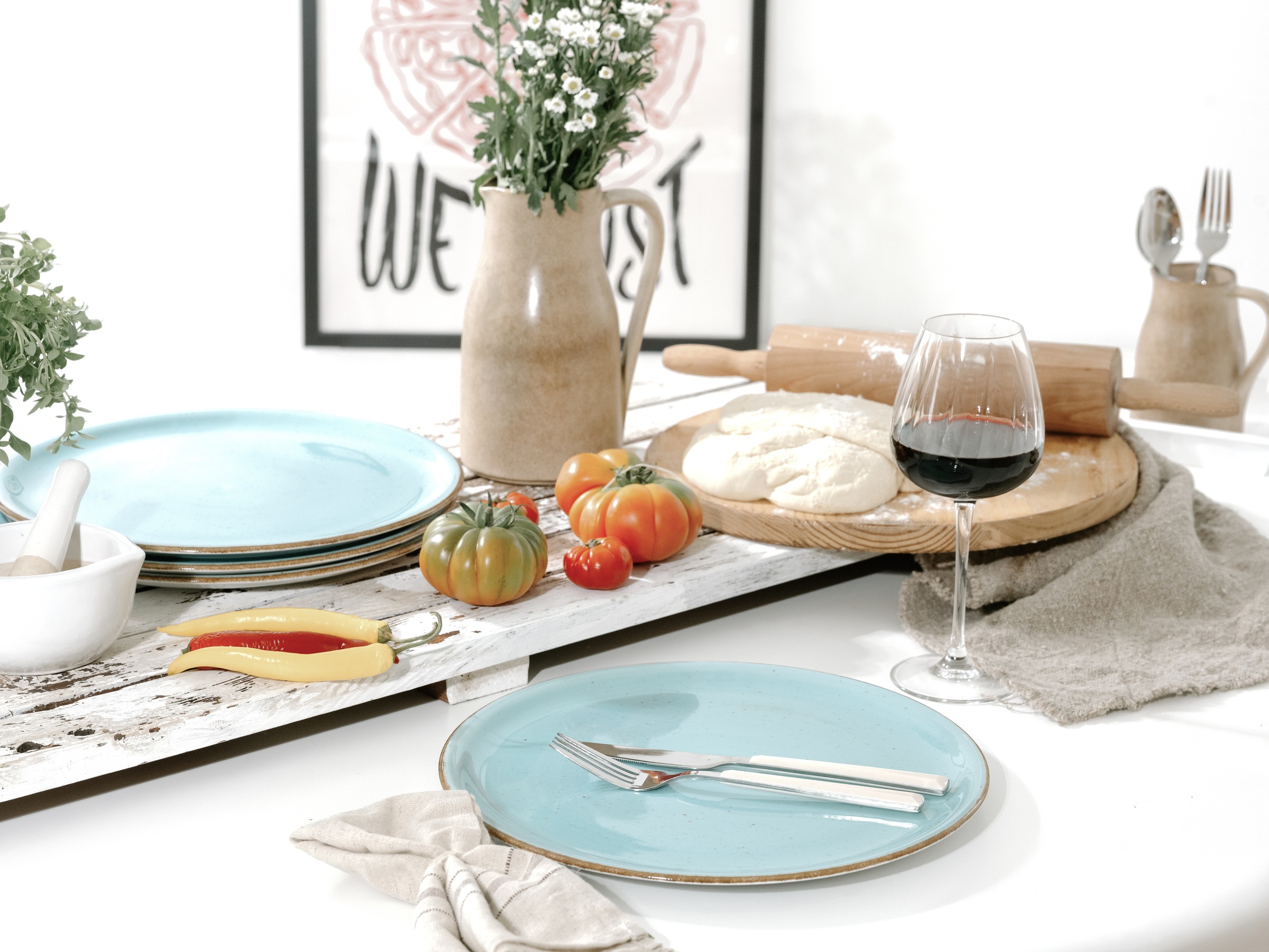 CreaTable Pizzateller »Vintage Nature, Pizzateller 33 cm 4-tlg« Teller Set, Handgemalt, Gesprenkelt, Rustikales Außenband