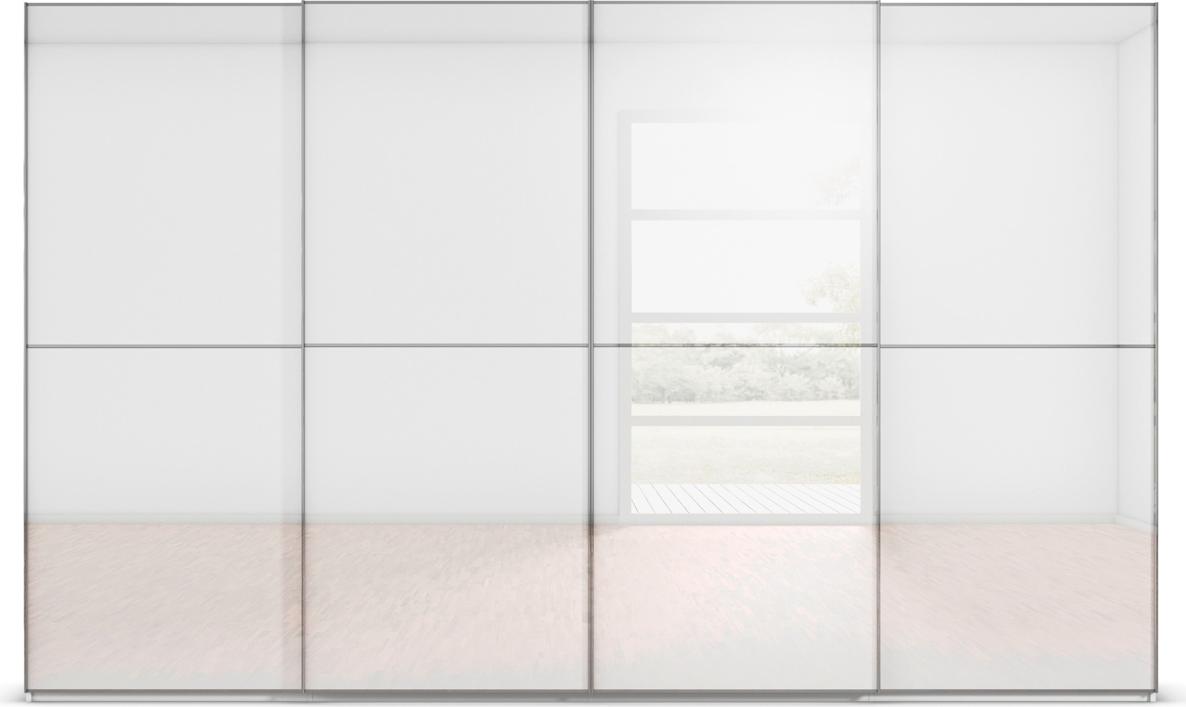 rauch Schwebetürenschrank »Kleiderschrank Schrank Garderobe Schlafzimmerschrank SCALE-DUO«, edle zweigeteilte Türen Glas-Front mit 3 Zierleisten MADE IN GERMANY