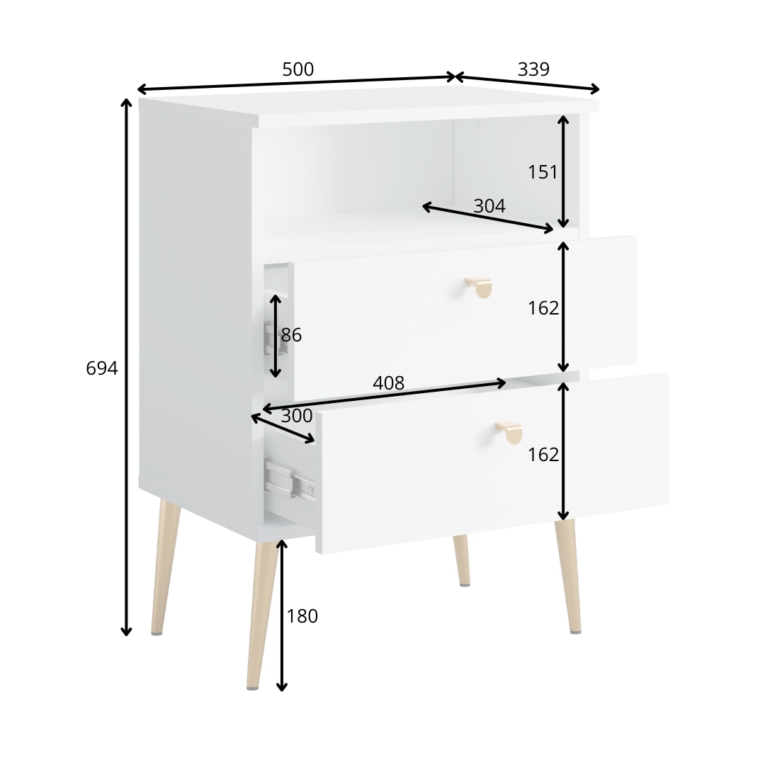 INOSIGN Nachttisch »Elyria, Metallgriffe, FSC-zertifizierter Holzwerkstoff«, (Nachtkommode B/T/H 50/34/69cm), mit 2 Schubladen, 1 offenes Fach, viele Farben mit goldfb. Details