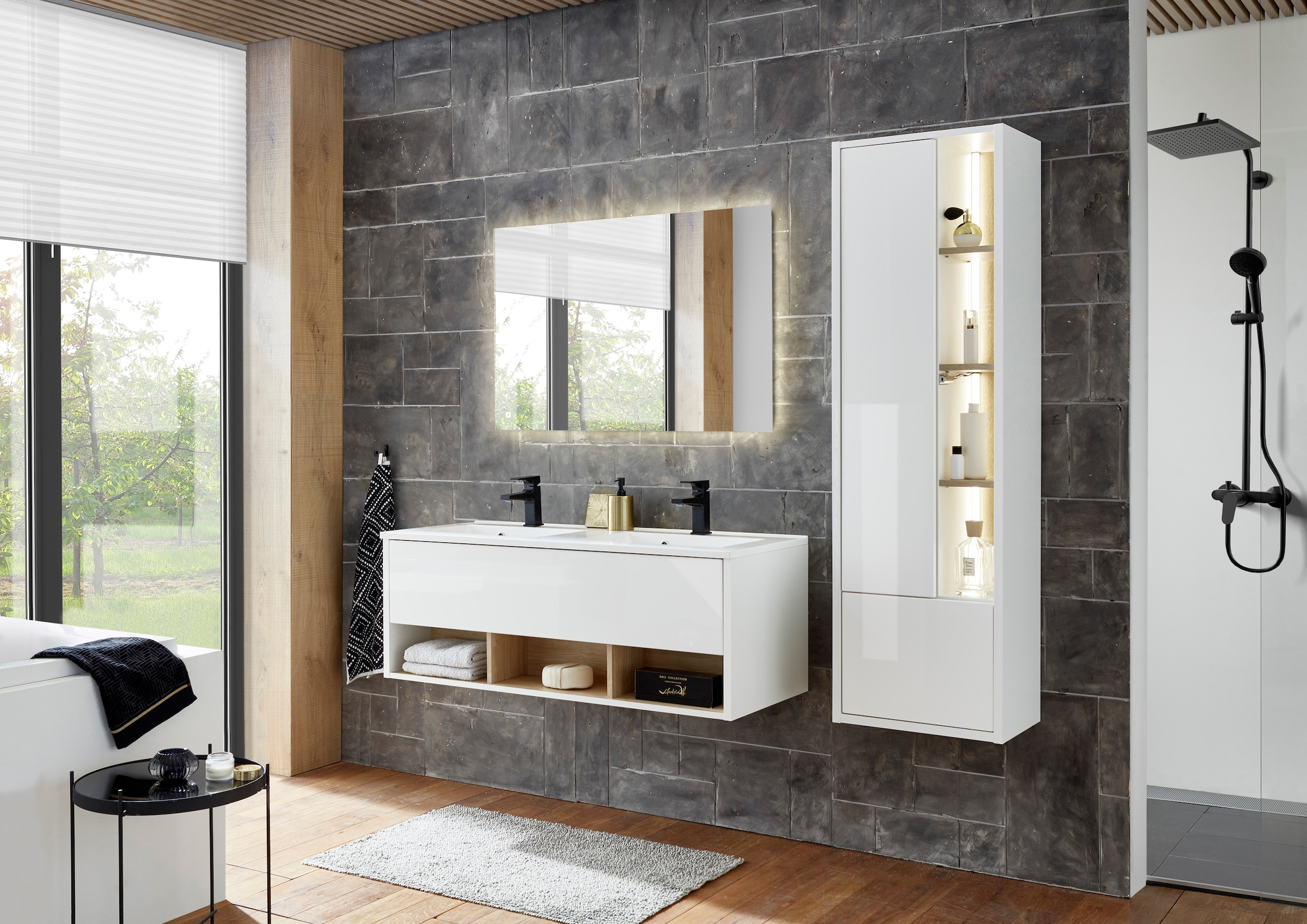 Places of Style Badmöbel-Set »Studio Line, Bad im modernen Design, 3-teiliges Badezimmer«, (3 St.), Schrank, Waschtisch und Spiegel, in zwei Farben verfügbar, Stauraum