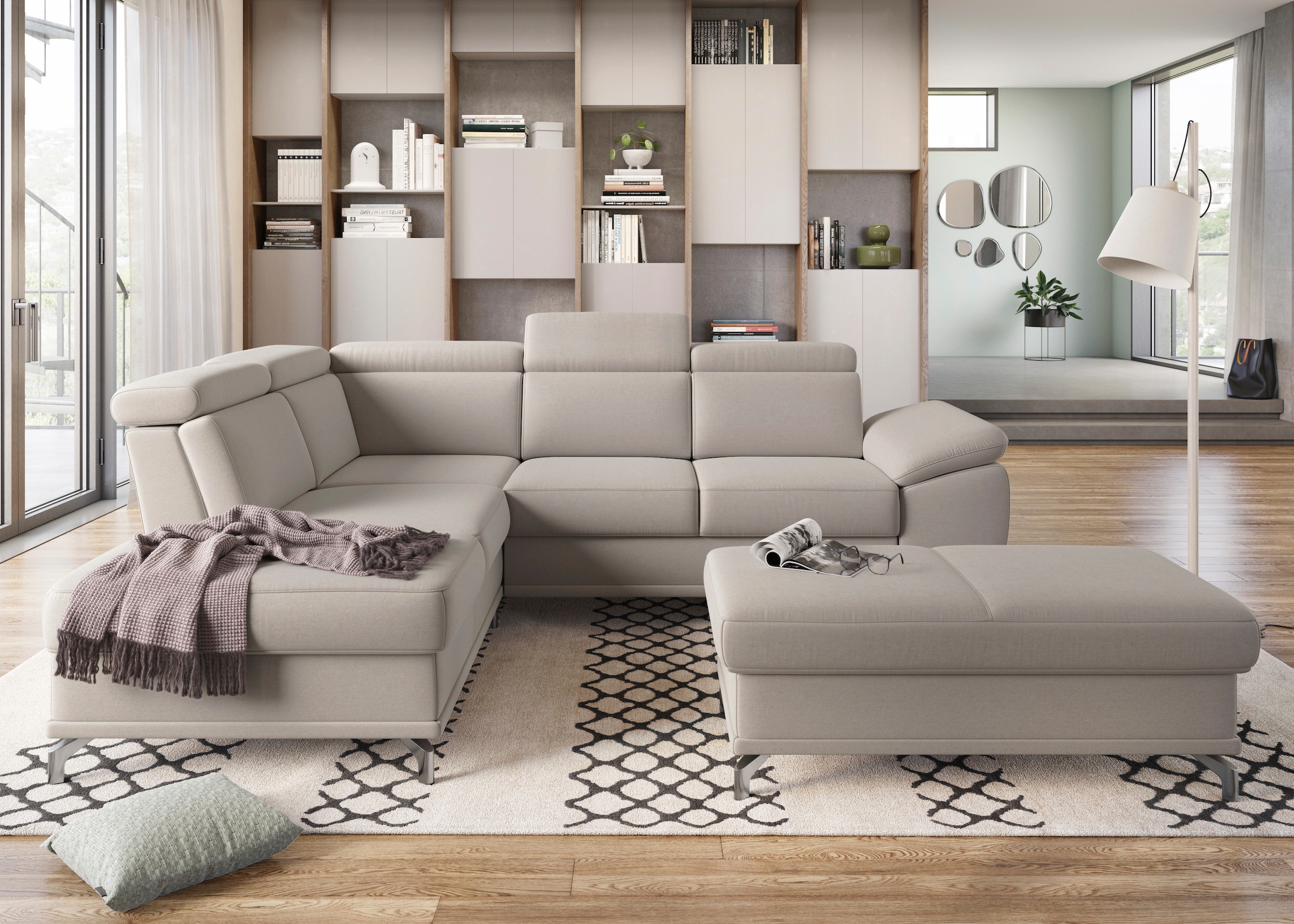 sit&more Ecksofa »Cabrio L-Form, mit Sitztiefenverstellung, Arm- und Kopfteilverstellung«, 3 Nierenkissen, Federkern, optional Bettfunktion und Stauraum