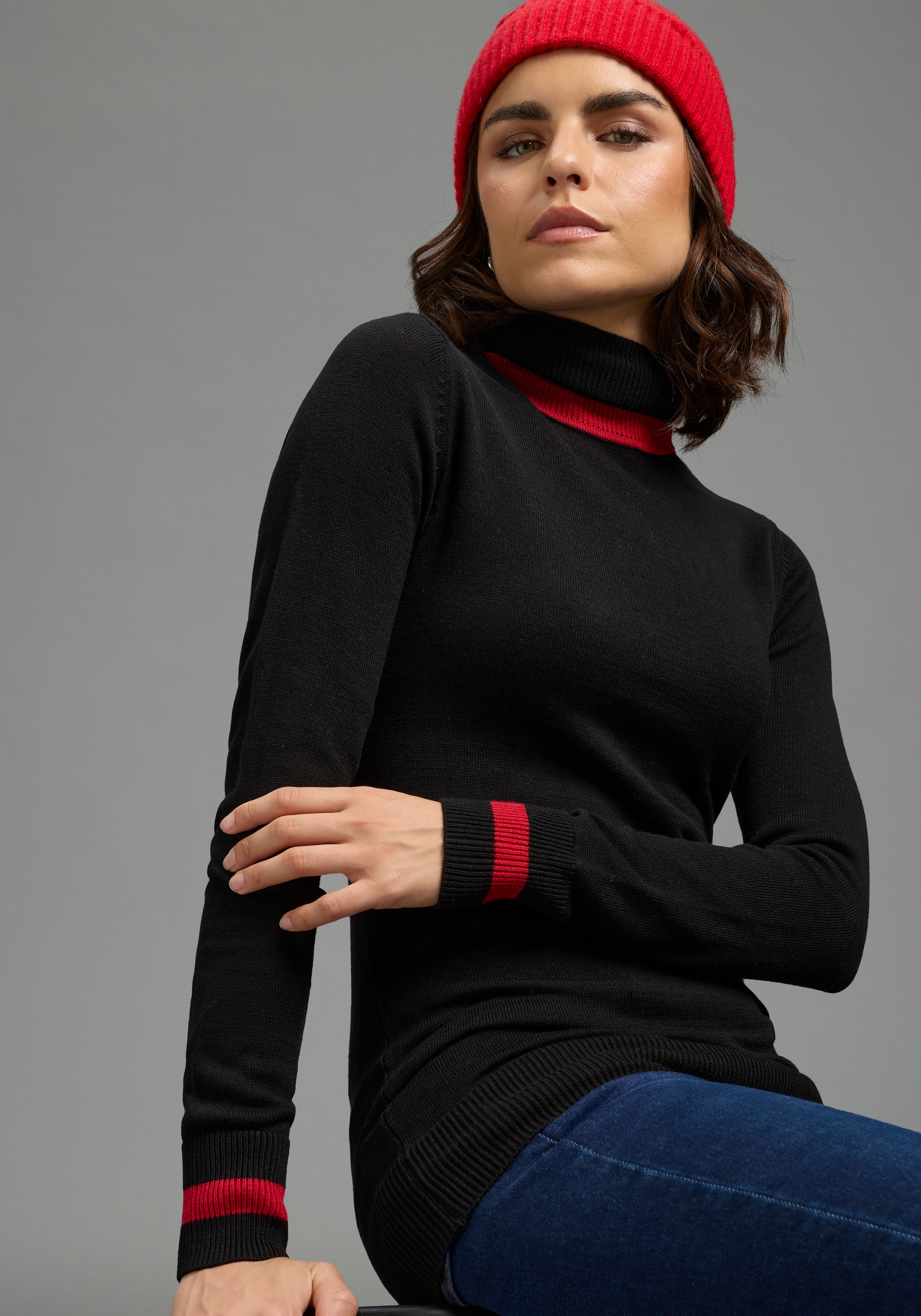 AJC Rollkragenpullover Feinstrick mit trendy Kontraststreifen