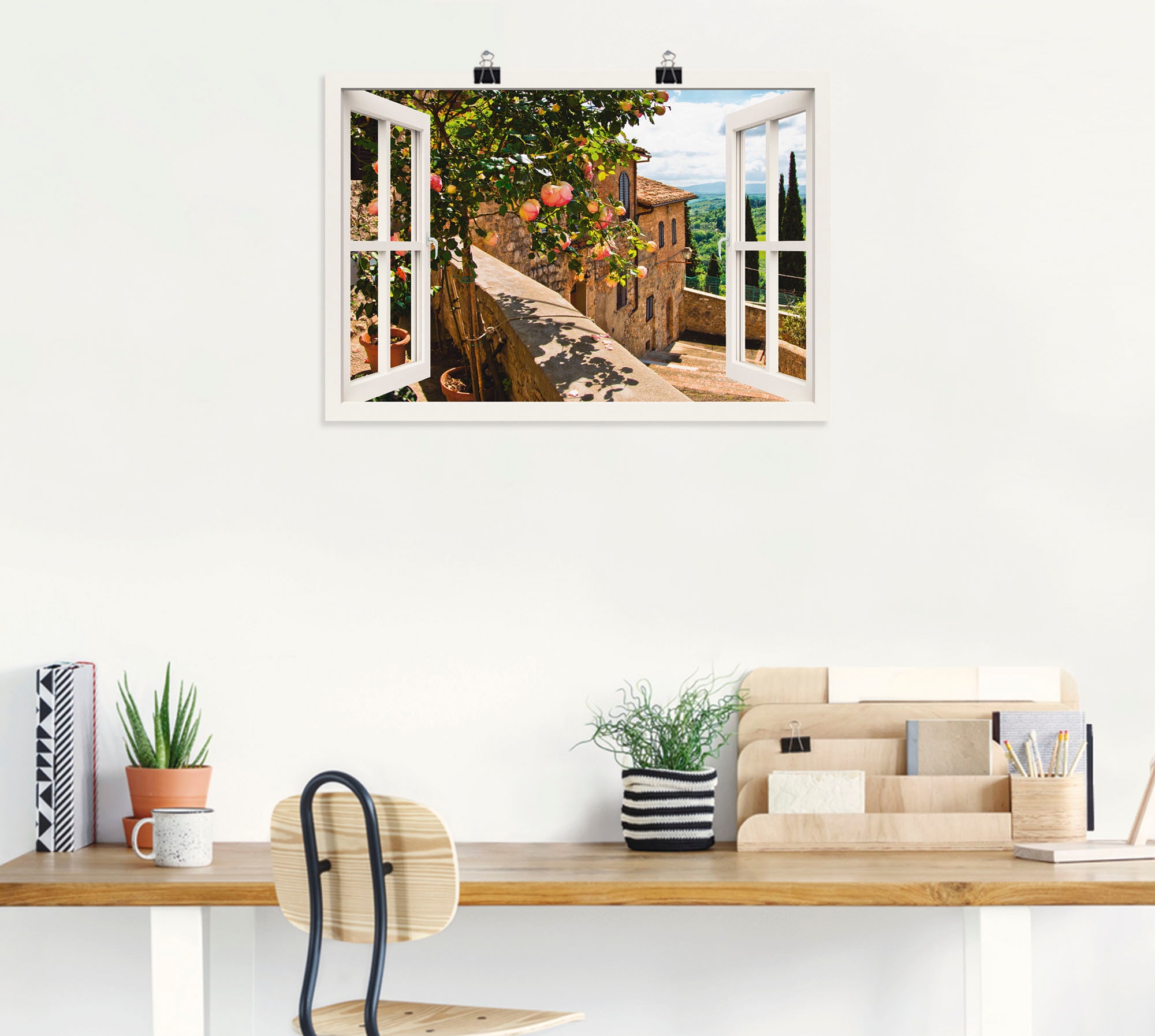 Artland Wandbild »Fensterblick Rosen auf Balkon Toskana«, Garten, (1 St.), als Alubild, Outdoorbild, Leinwandbild, Poster, Wandaufkleber