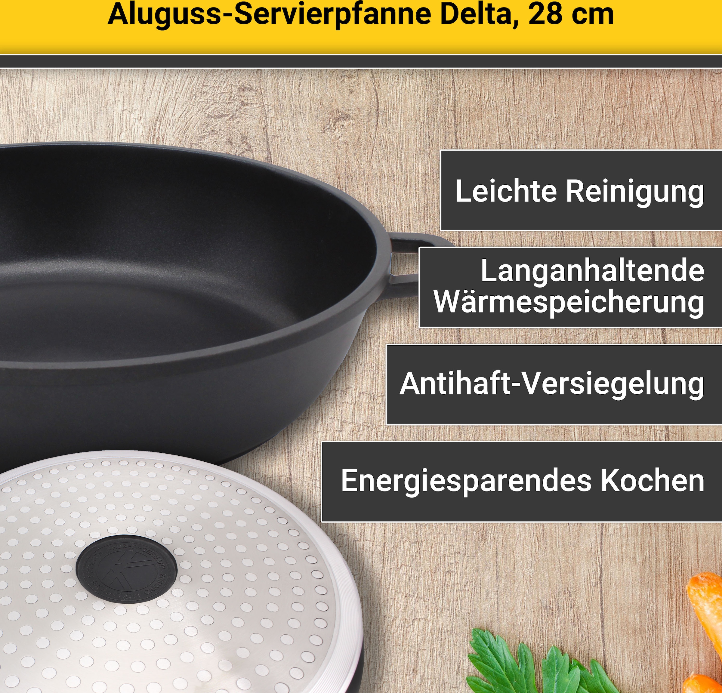 Krüger Servierpfanne »Aluguss Servierpfanne DELTA, 28 cm«, Aluminiumguss, (1 tlg.), für Induktions-Kochfelder geeignet