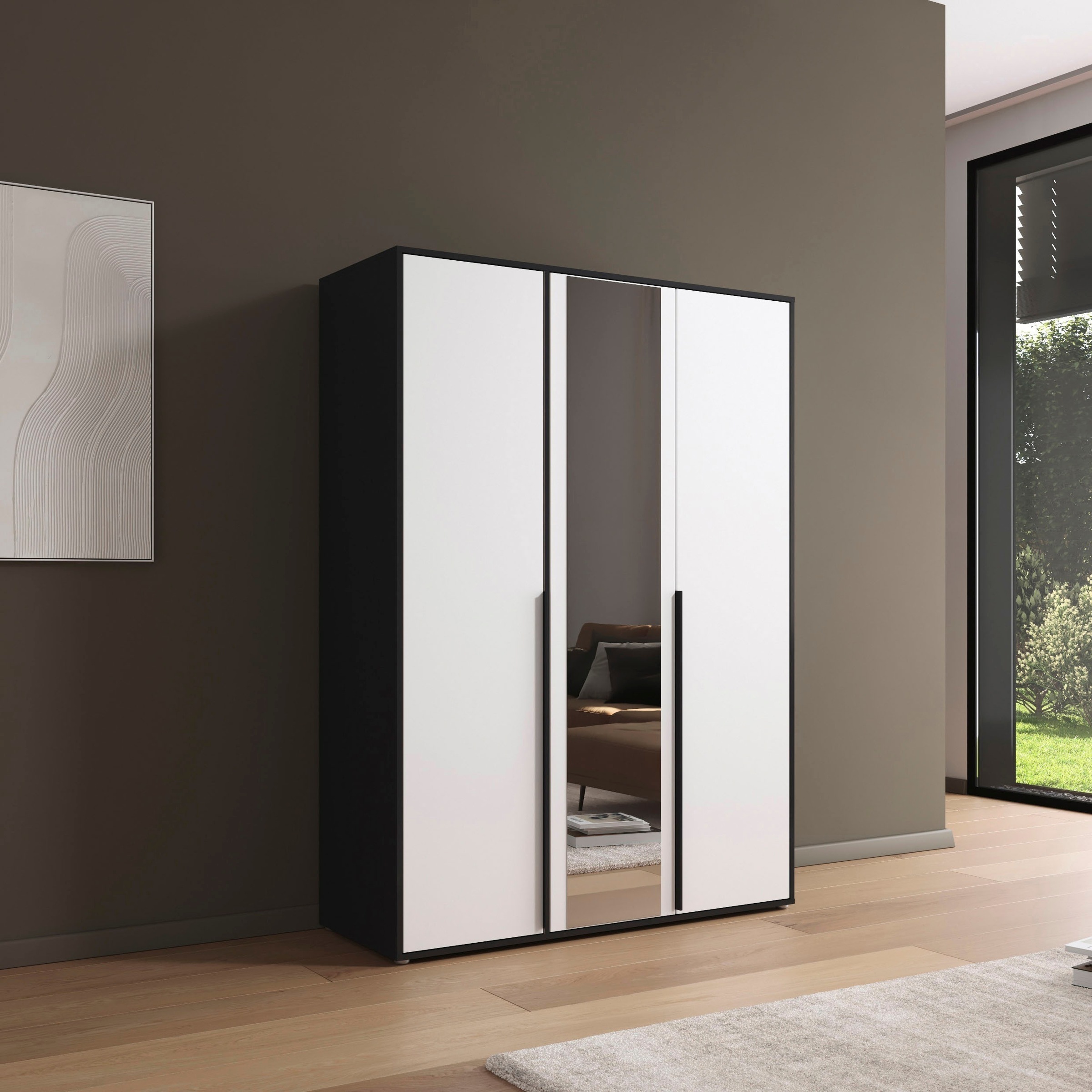rauch Drehtürenschrank »Kleiderschrank Schrank Garderobe Wäscheschrank NAGATA mit Spiegel«, (in 3 verschiedenen Ausstattungen BASIC/CLASSIC/PREMIUM), und modernen Stangengriffen in Graumetallic TOPSELLER MADE IN GERMANY
