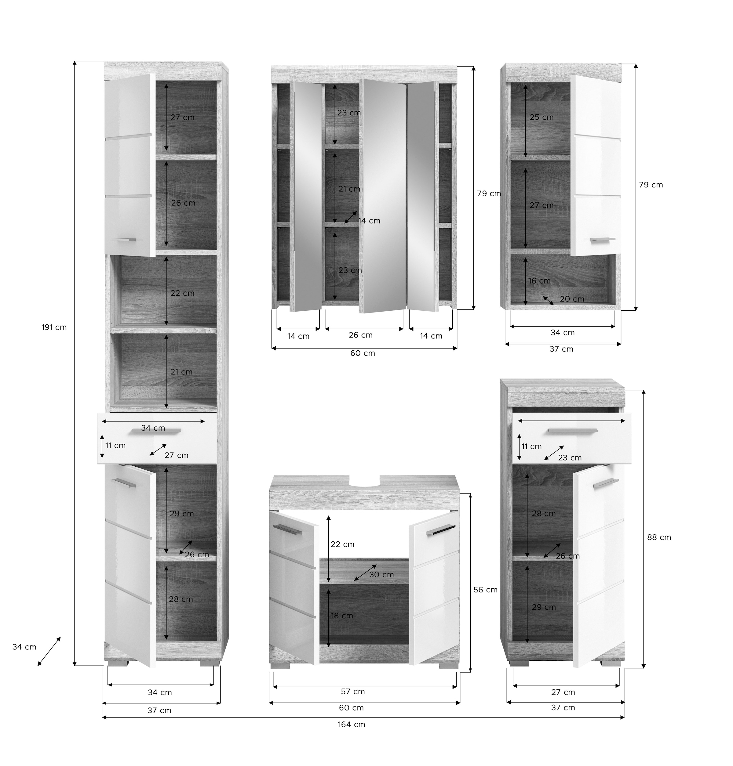 INOSIGN Badmöbel-Set »Siena, 5 teilig, bestehend aus:«, (Set, 5 St., TOPSELLER!), Hochschrank, WBU, Spiegelschrank, Unterschrank, Hängeschrank