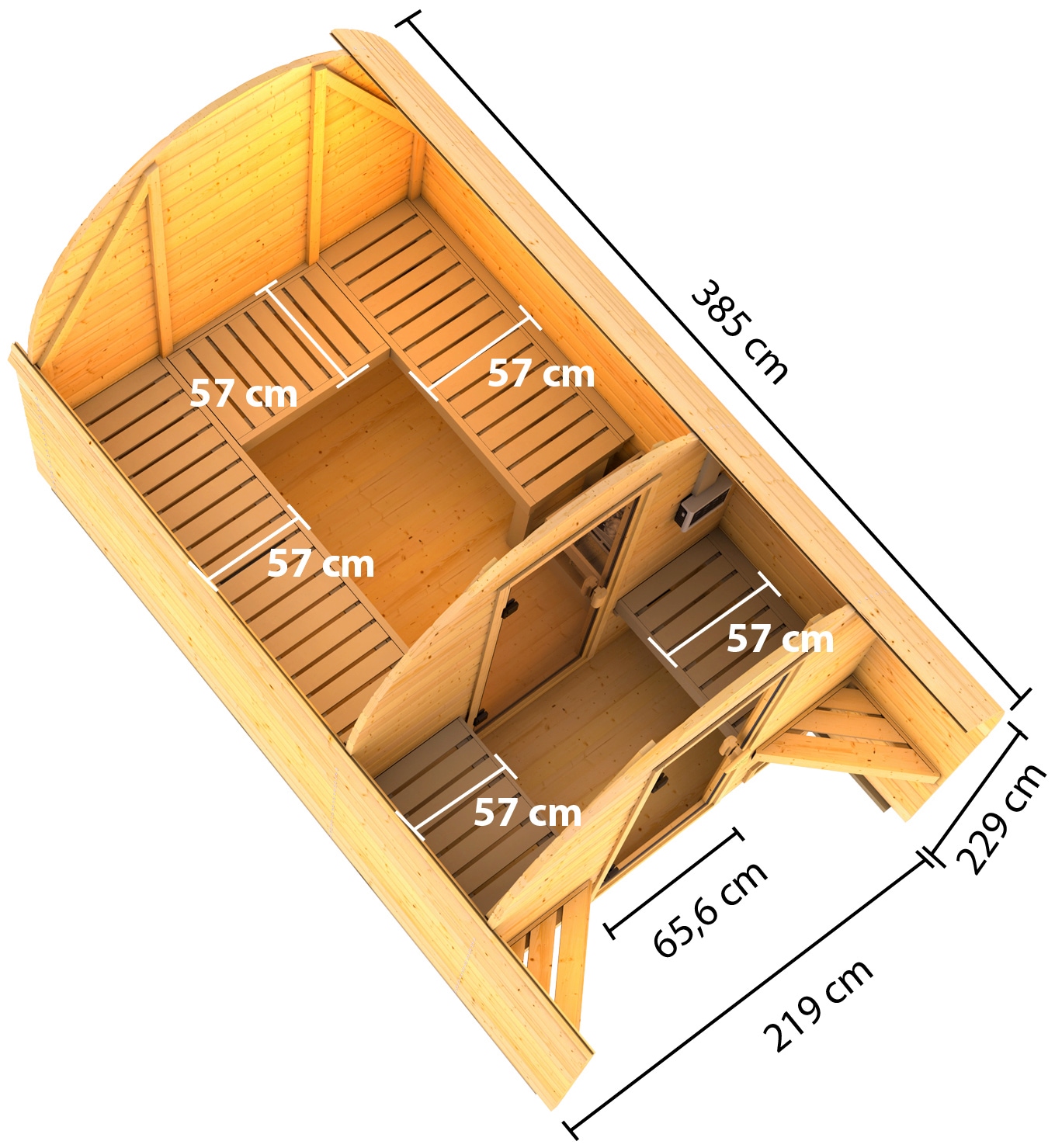 Karibu Fasssauna »Fasshaus 3«, (Set, 2 St.), 9-kW-Ofen mit externer Steuerung