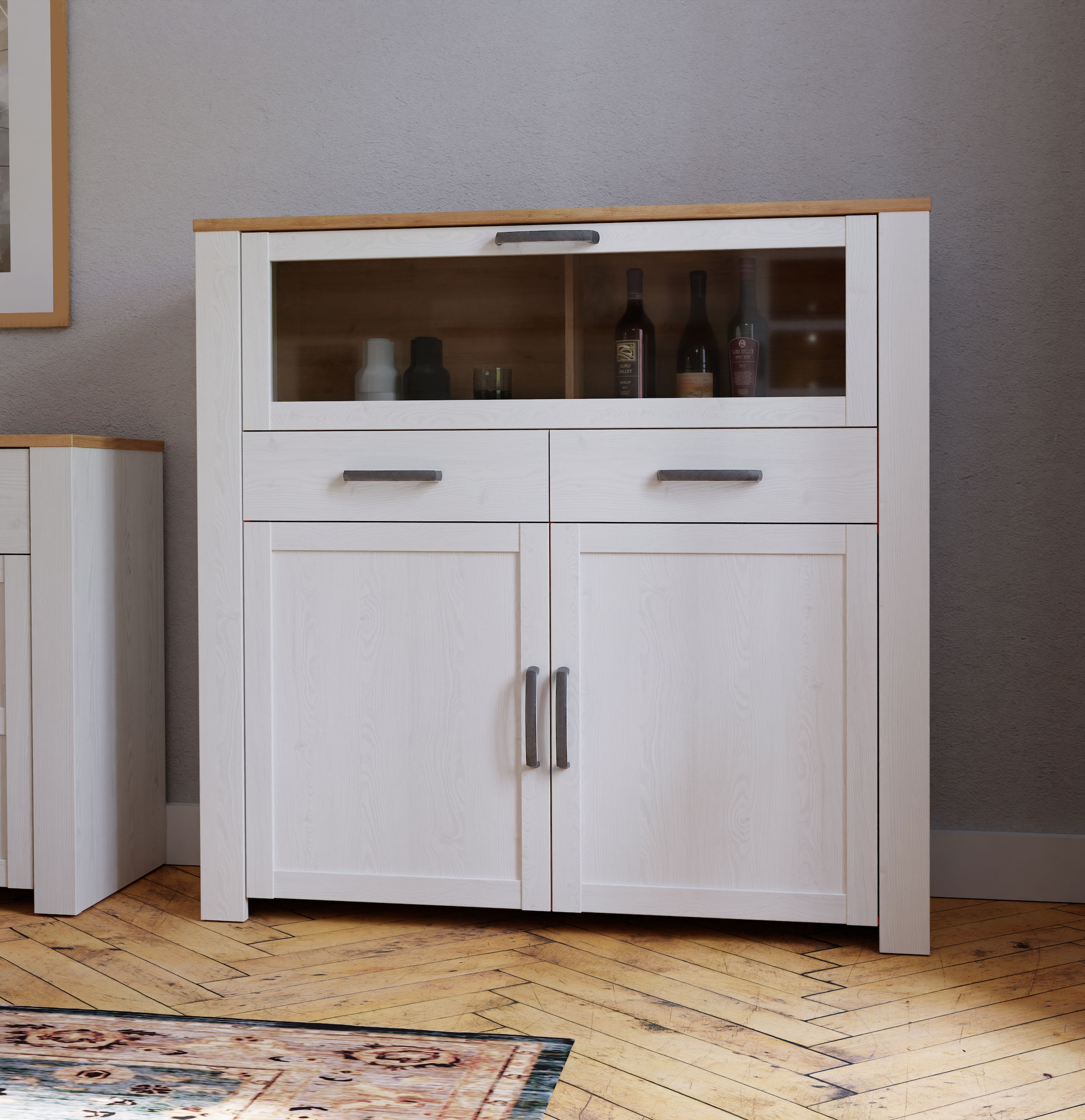 FORTE Highboard »Bohol, kleines Highboard, Klappe mit Glas, 2SK, 2Türen« B/H/T 126,4/125,4/42 cm Beleuchtung optional bestellbar