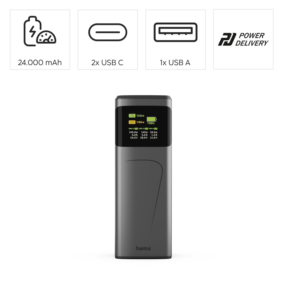 Hama Powerbank »Powerbank (150 W, 24000 mAh, 2x USB-C, 1x USB-A, Schnellladen)«