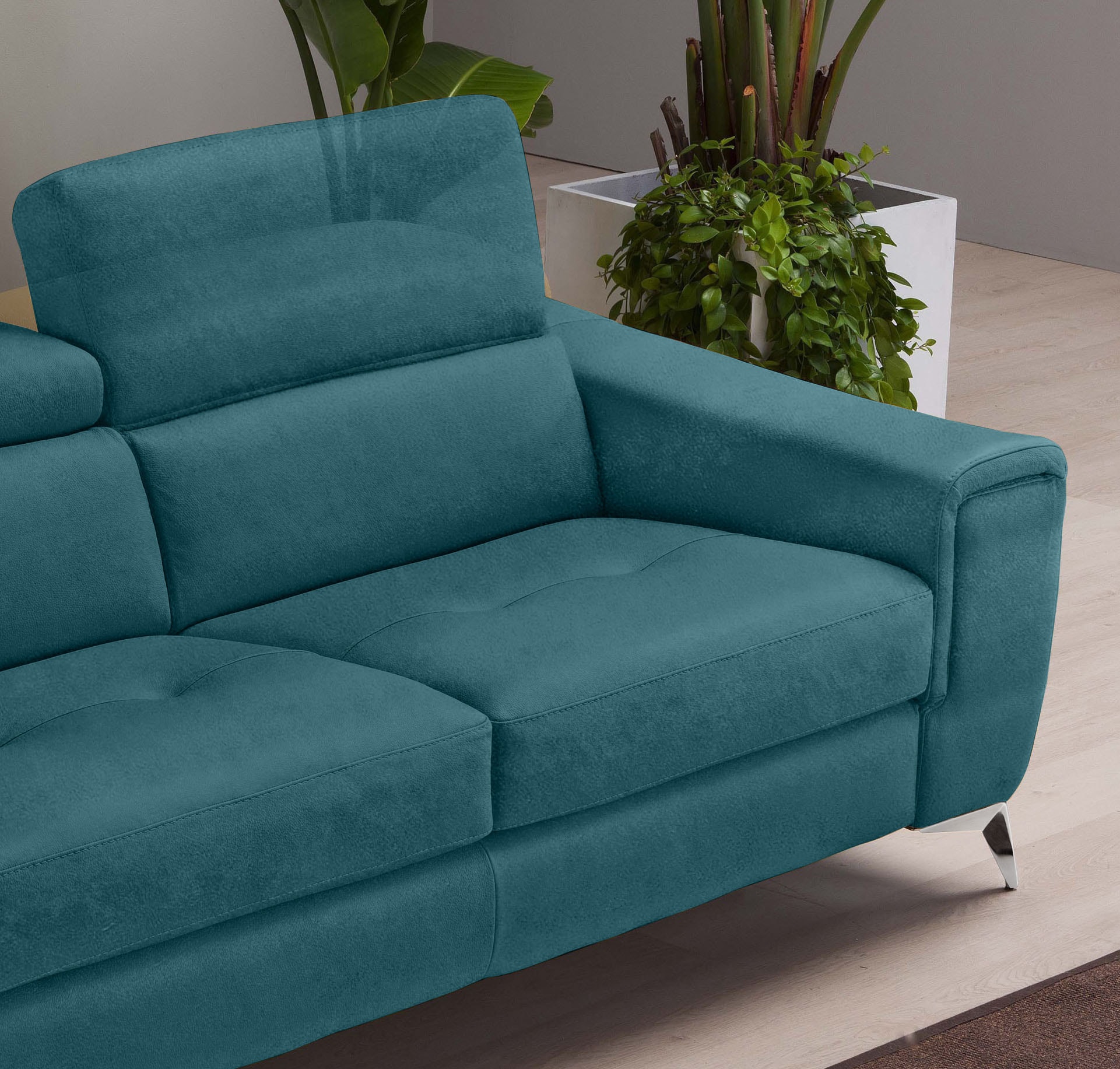 Egoitaliano Schlafsofa »Francine Designsofa, Loungesofa mit Dauerschlaffunktion, Breite 233 cm«, mit Bettfunktion, Luxus-Microfaser BLUSH, teal, Fußfarbe chrom