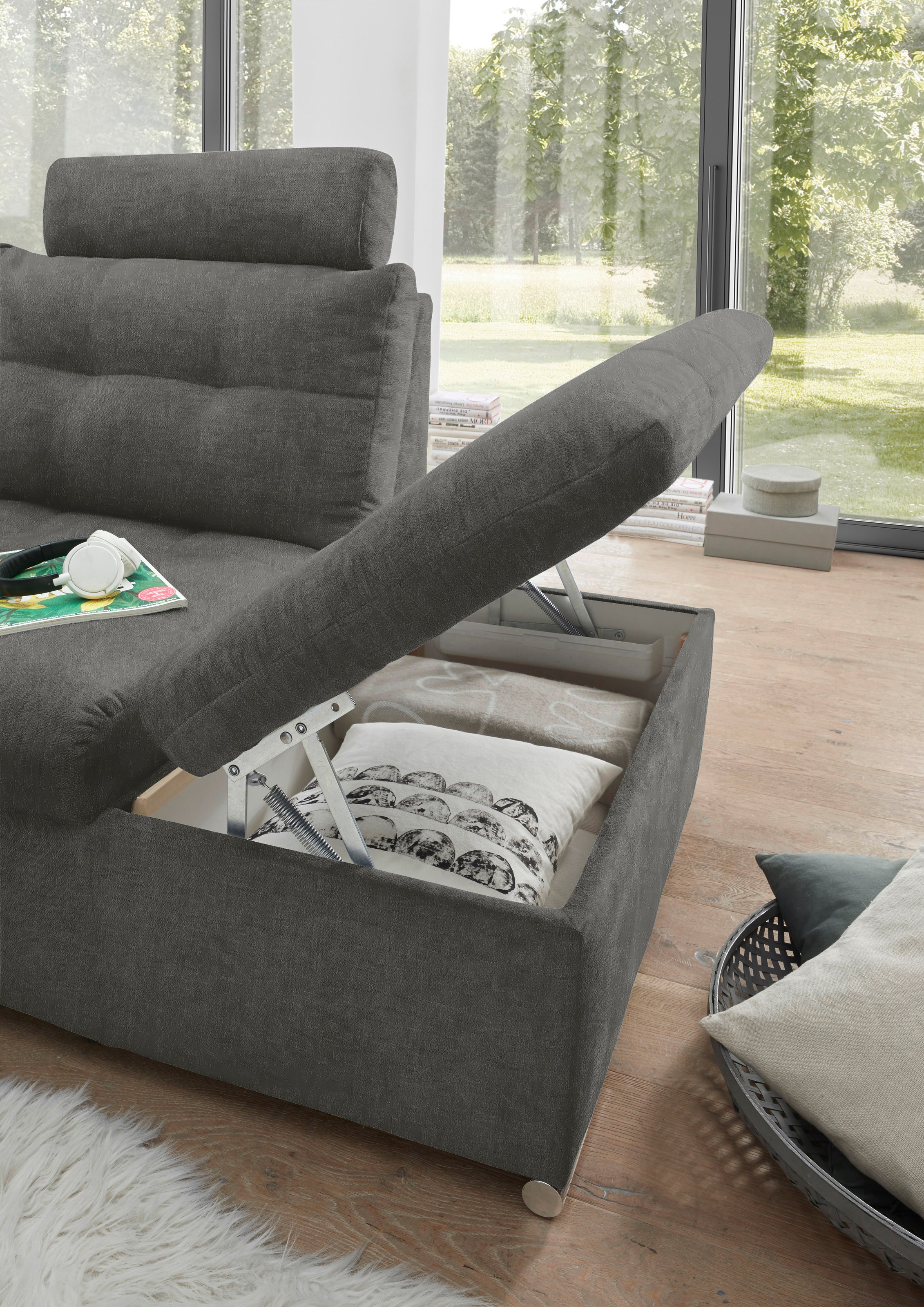 ED EXCITING DESIGN Wohnlandschaft »Nalo U-Form mit Bettfunktion, Bettkasten«, Armteilverstellung, Kopfstützen & 3 Nierenkissen
