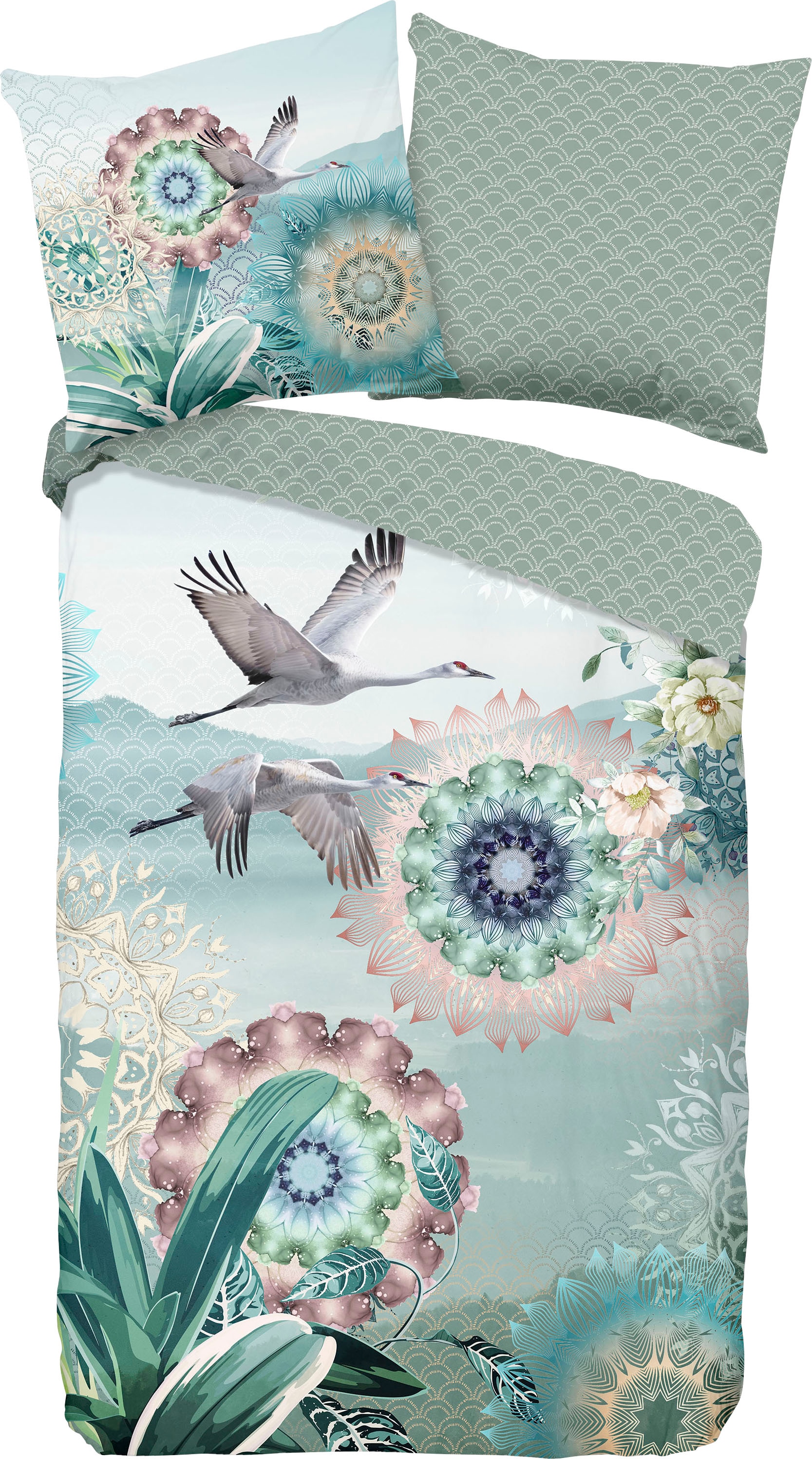hip Wendebettwäsche »Kimora«, Mako-Satin, 135x200, Reißverschluss, Wendeoptik, Mandala, Vogel, Grün