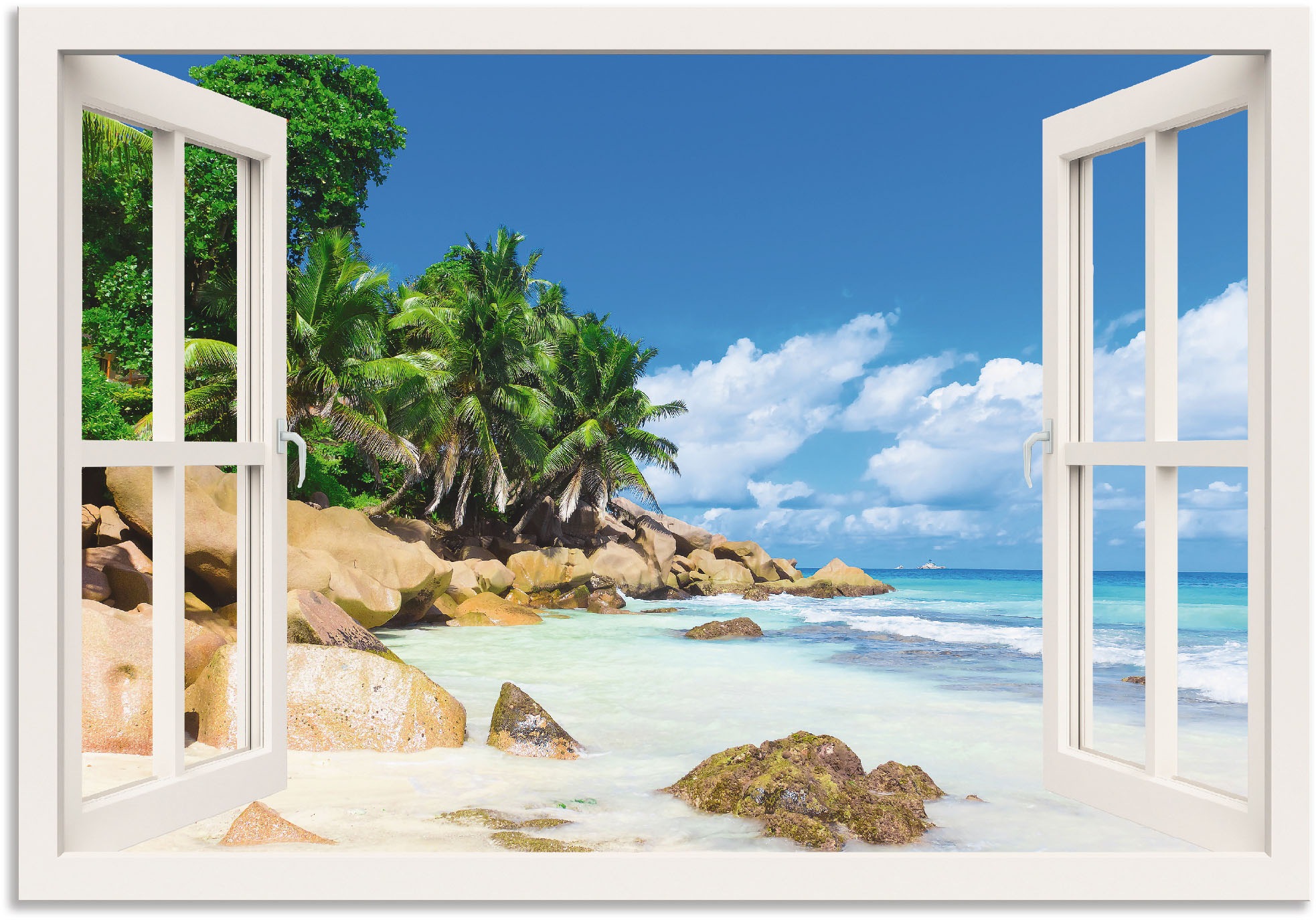 Artland Wandbild »Küste mit Palmen durchs Fenster«, Karibikbilder, (1 St.),  als Alubild, Leinwandbild, Wandaufkleber oder Poster in versch. Größen  kaufen online bei OTTO