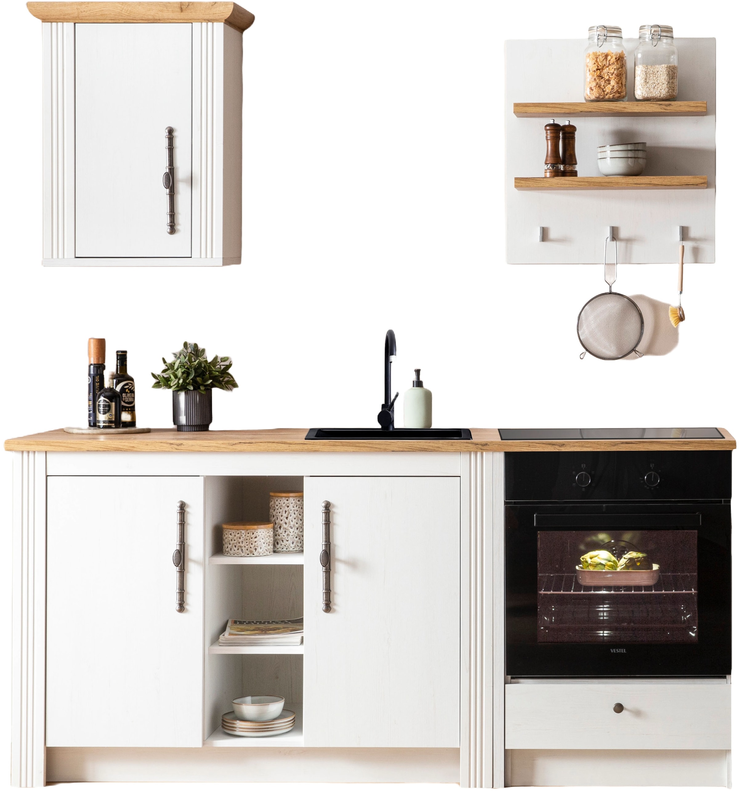 KOCHSTATION Küchenzeile »KS-Westminster, Pantryküche im Landhaus Stil, hochwertige Metallgriffe«, (Set), Breite 194 cm, Kommode, Wandpaneel, Hängeschrank und Herdumbau
