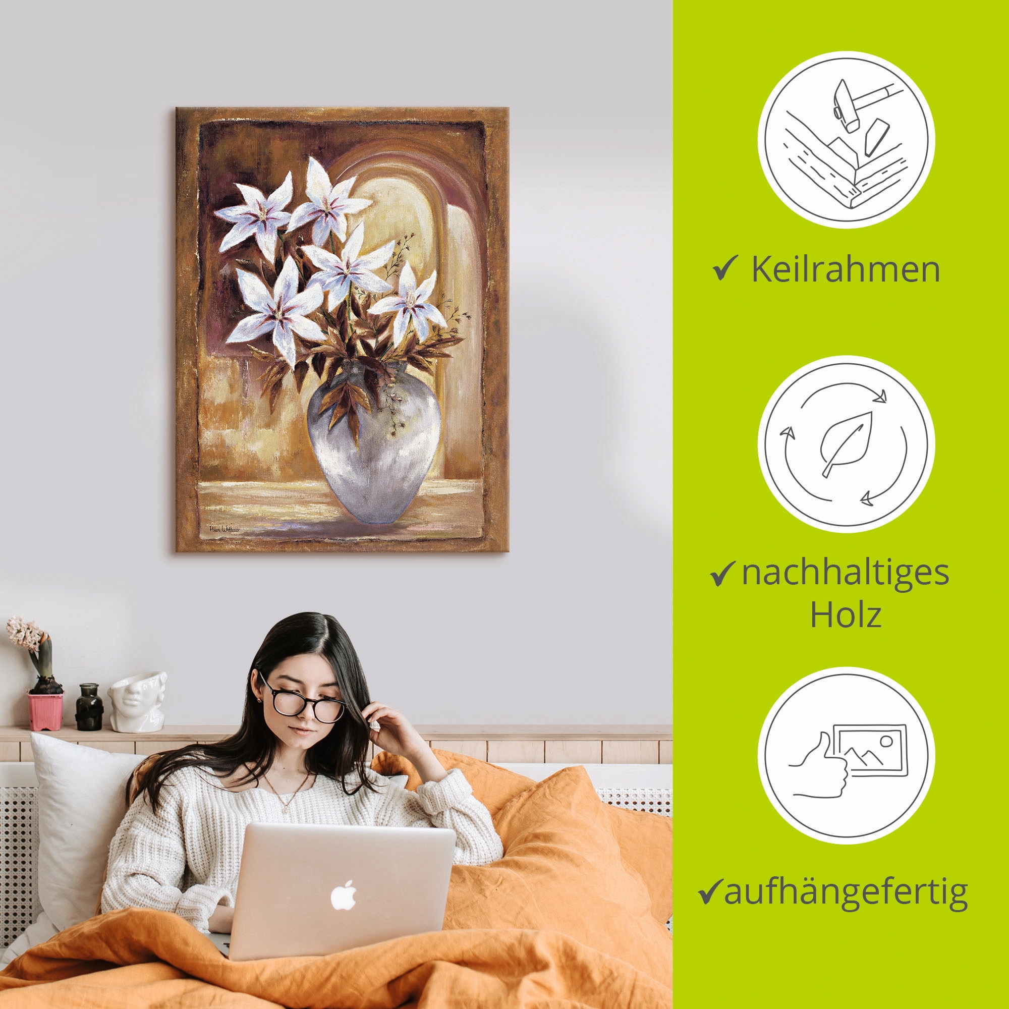 Artland Wandbild »Weiße Blumen in Vase II« Blumen 1 Stk. tlg. auf Holzrahmen gespannt