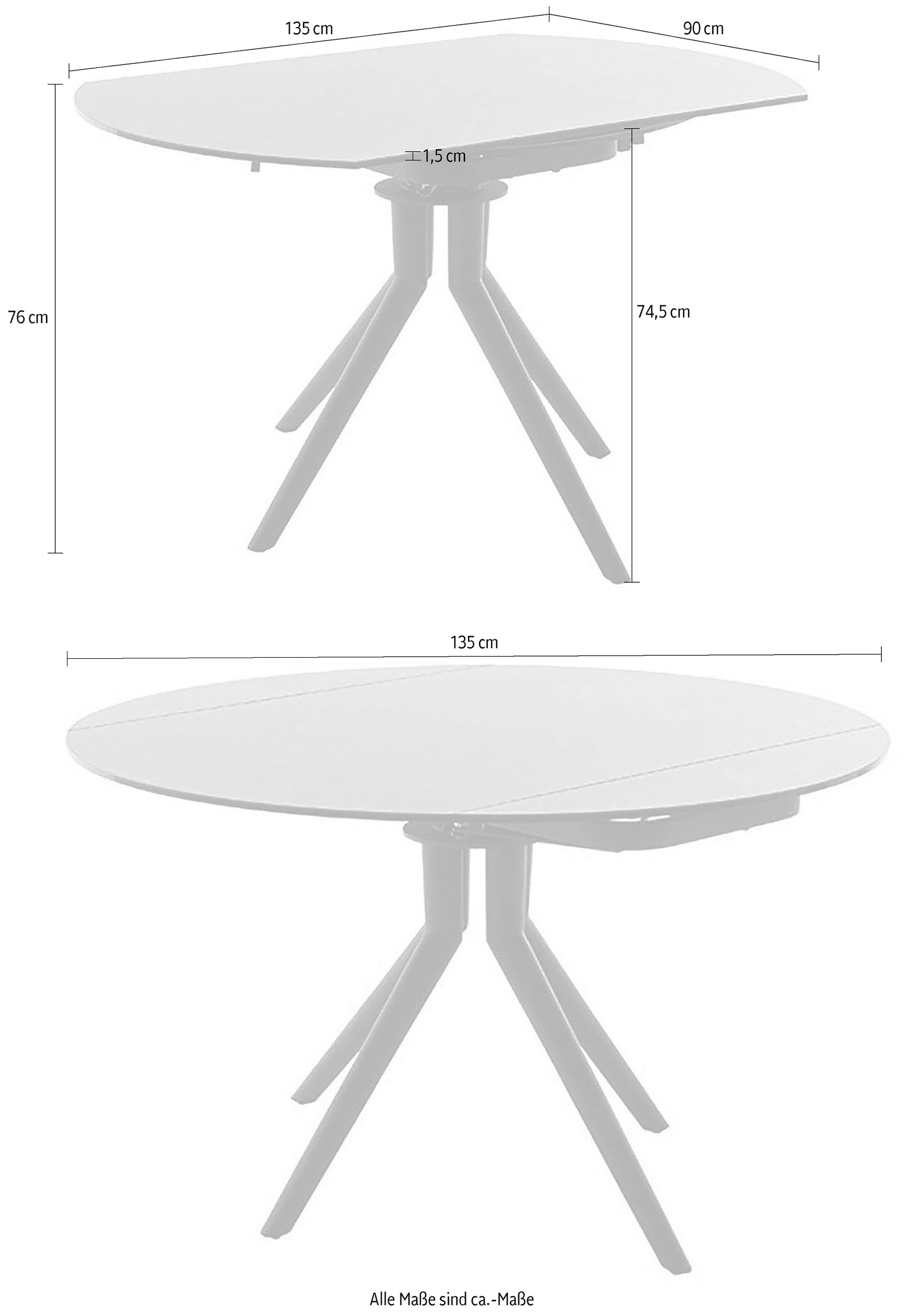 MCA furniture Esstisch »RUBIKON Vierfußtisch 90-135 cm«, (Einzelstück), Keramik, Metall, Längsseitenauszug, ausziehbar, 13 mm