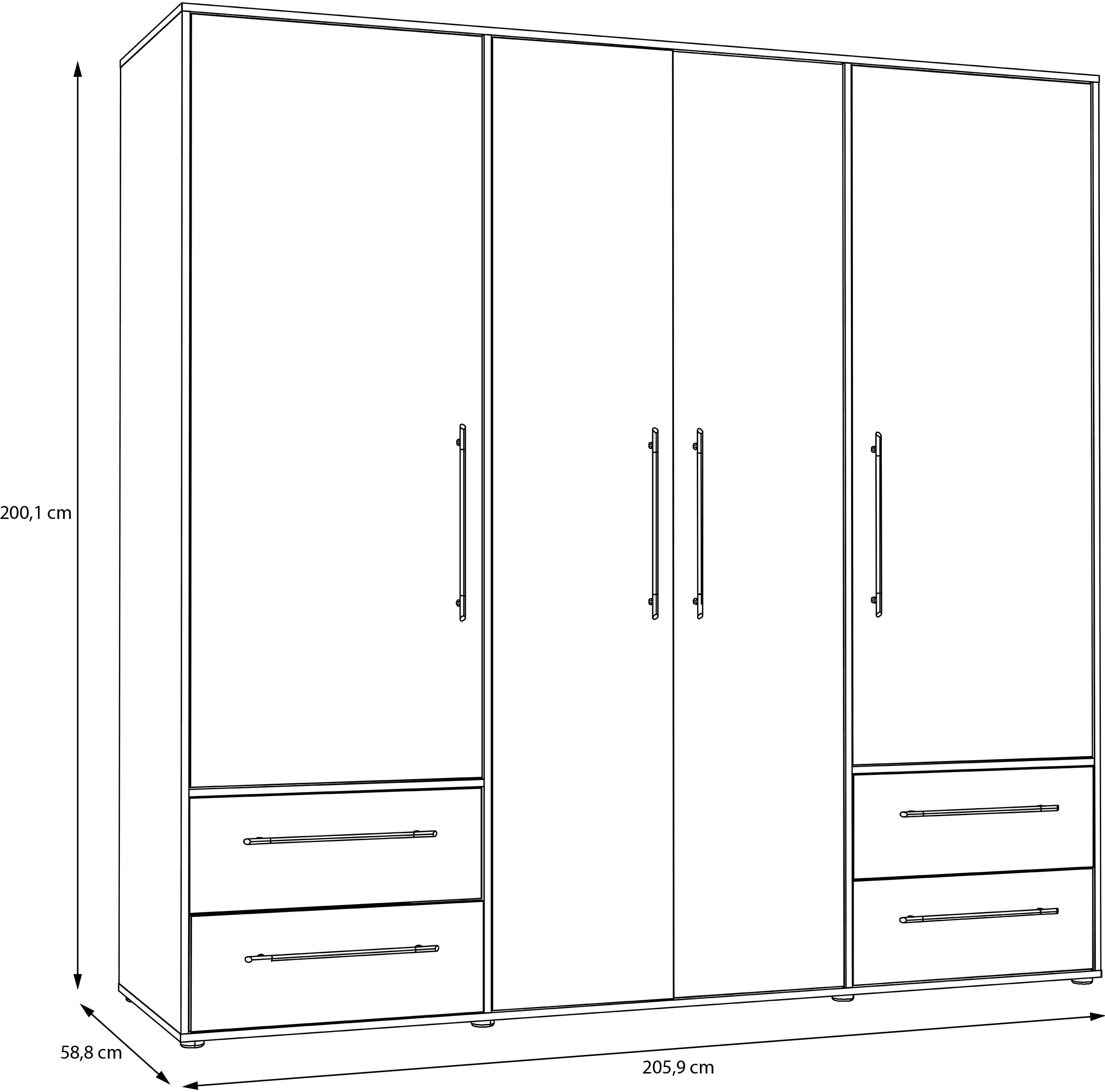 FORTE Drehtürenschrank »Mokkaris. verschiedene Größen und Farben«, (BHT ca. 145x200x59cm oder BHT ca. 206x200x59cm), mit Schubladen und schwarzen Stangengriffen, Made in Europe