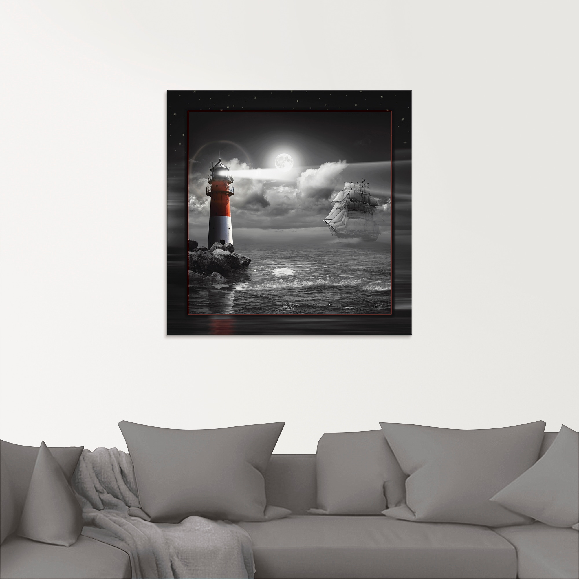 Artland Glasbild »Leuchtturm und Segelschiff im Mondschein«, Küste, (1 St.), in verschiedenen Größen