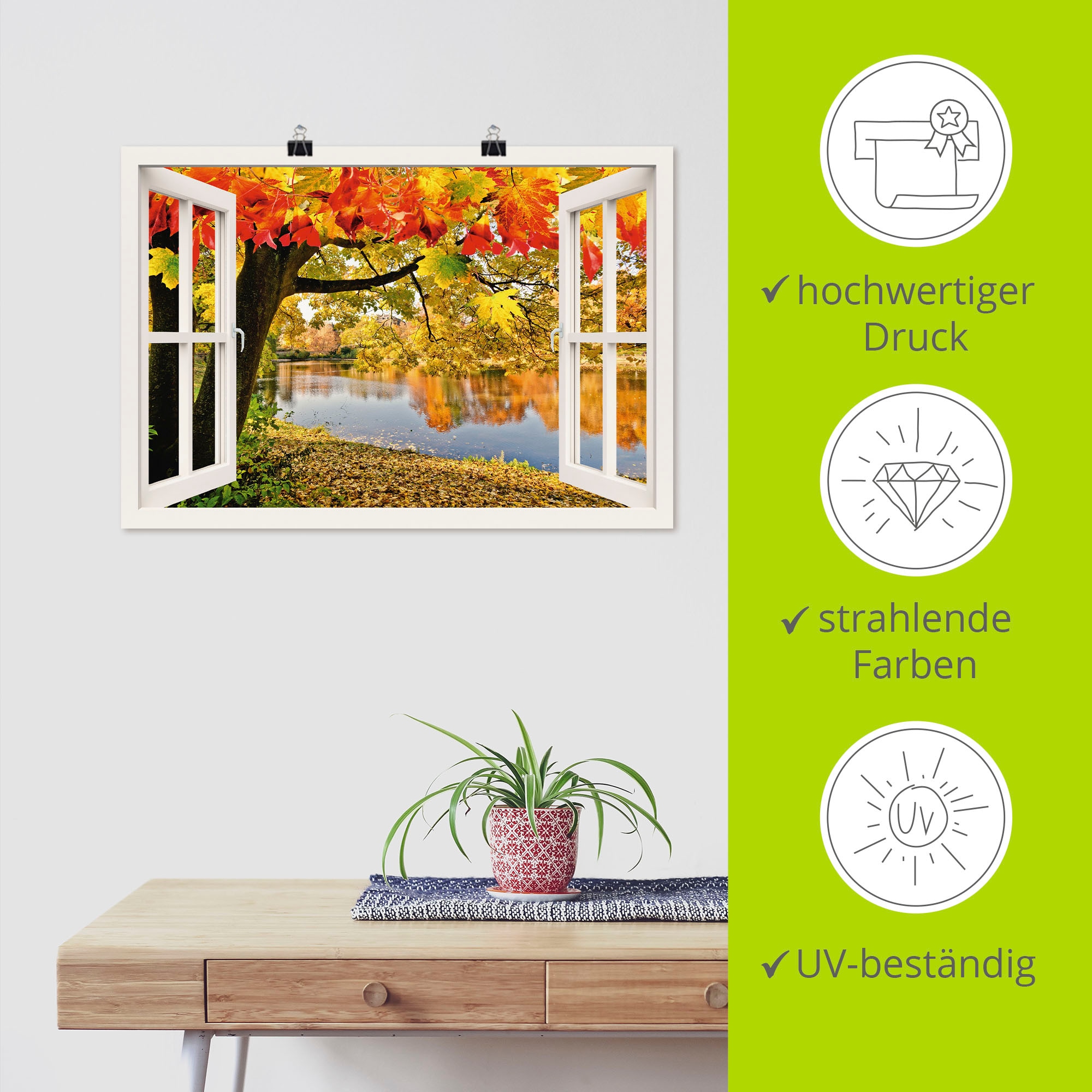 Artland Poster »Fensterblick Herbsttag an einem See«, Gewässer, (1 St.), als Alubild, Leinwandbild, Wandaufkleber oder Poster in versch. Größen
