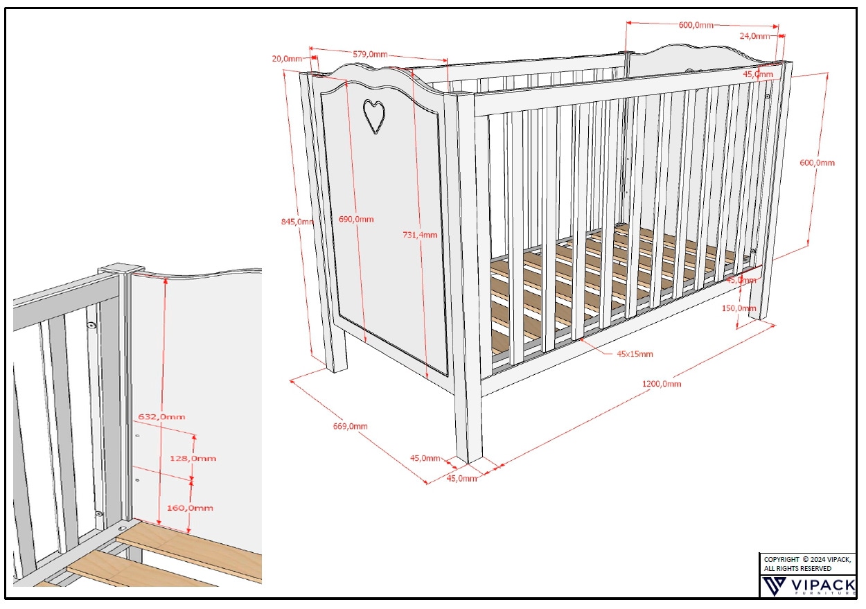 Vipack Babyzimmer-Komplettset »Amori 4-tlg. mit Herz-Ornamenten, MDF/Massiv weiß lackiert«, (4 tlg.)