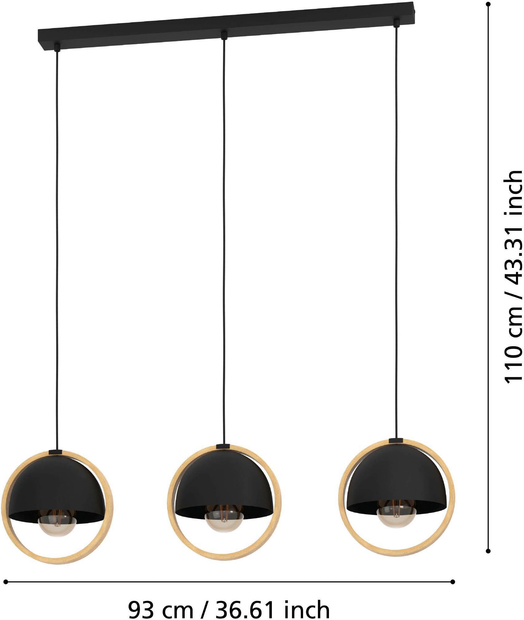 EGLO Hängeleuchte »Callow Hängelampe, Metall und Holz,  Esszimmerlampe, E27, Pendellampe« E27 1 Stk. EGLO Hängeleuchte Callow schwarz, braun 3X40W L:93 H:110 cm