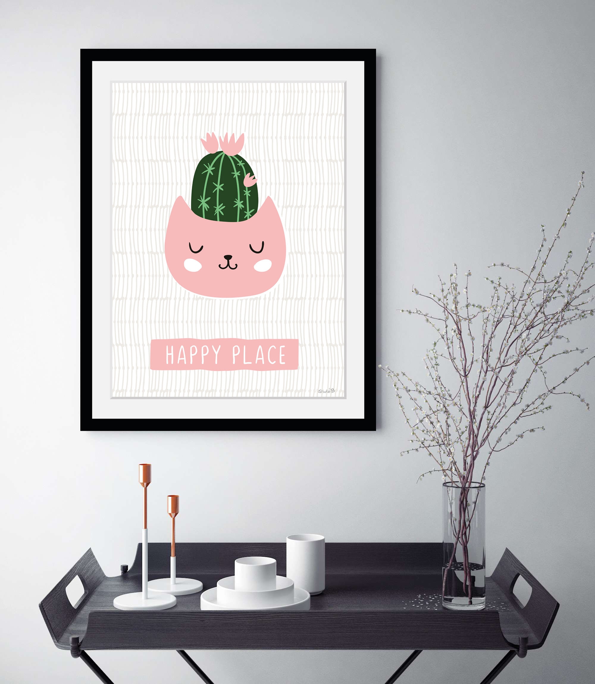 queence Bild »HAPPY PLACE«, Pflanzen-Pflanzenbilder-Schriftzug-Katze-Katzenbilder-Sprüche & Texte, (1 St.), HD Premium Poster-Druck inkl. Holzrahmen