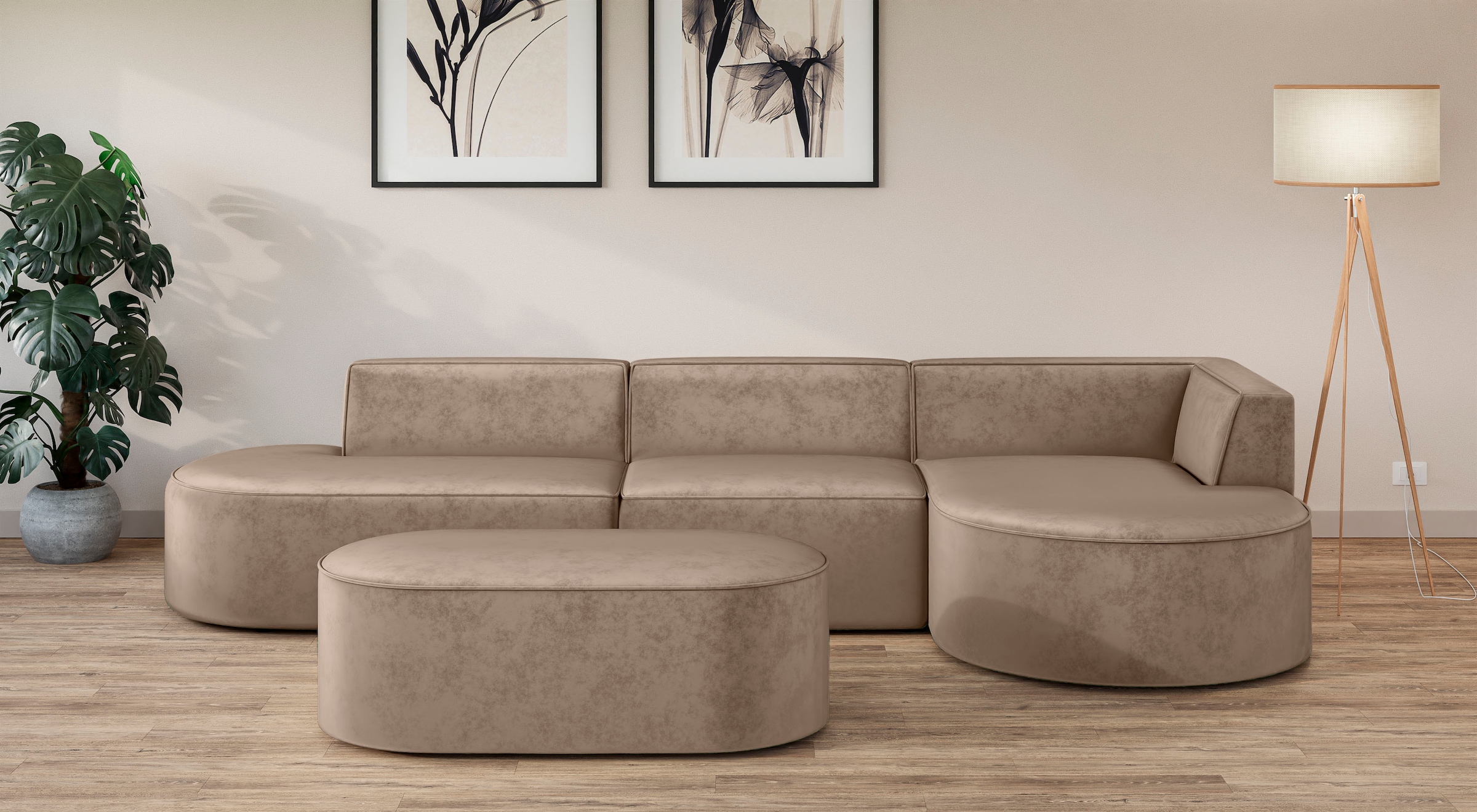 andas Ecksofa »EIVIND Designer Sofa mit Ottomane rechts/links, B/T/H: 343/159/72 cm«, L-Form mit Wellenunterfederung, auch in Feincord und Bouclé