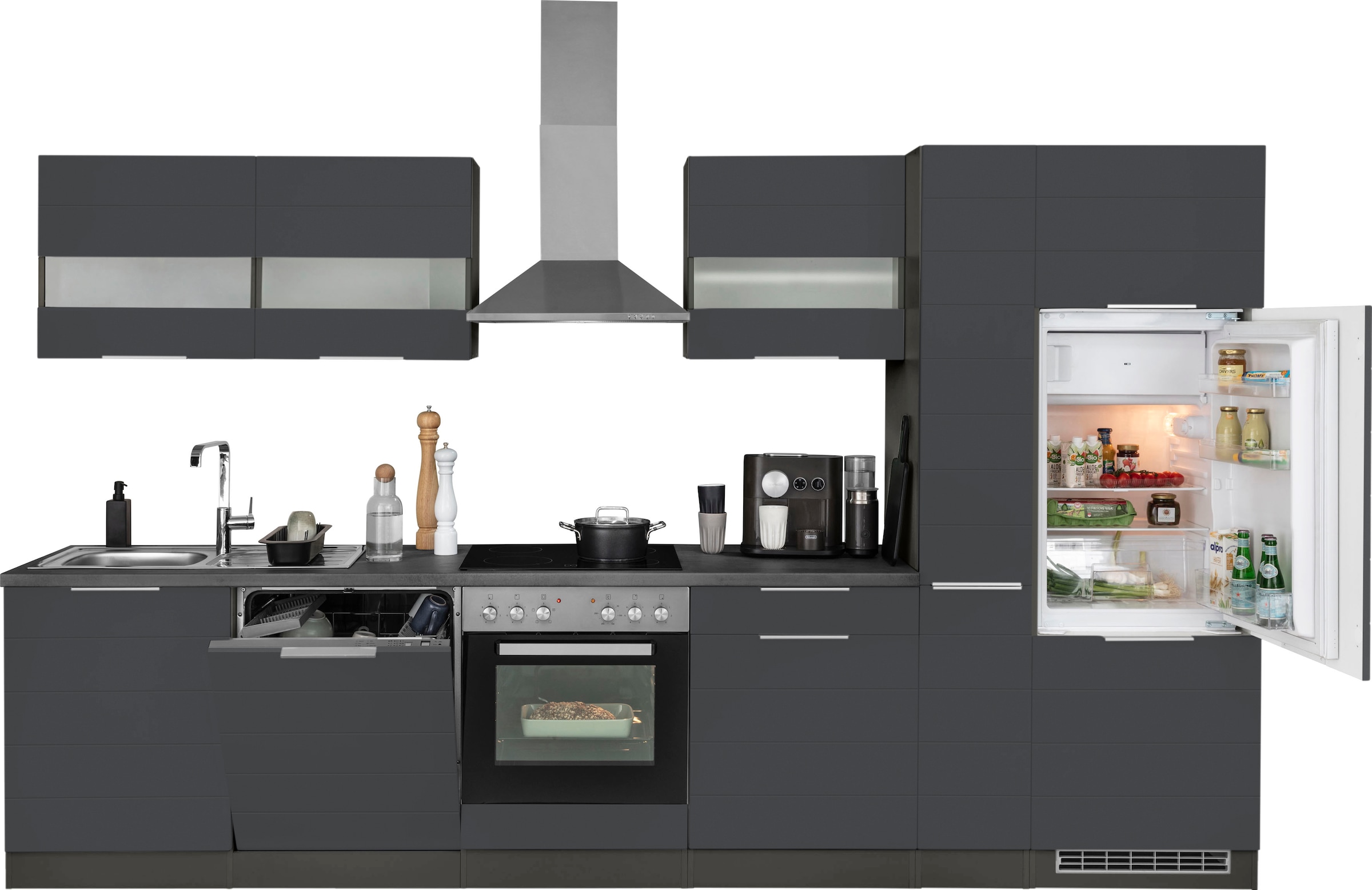 KOCHSTATION Küchenzeile »KS-Luhe« 330 cm breit, wahlweise mit oder ohne E-Geräten, gefräste MDF-Fronten