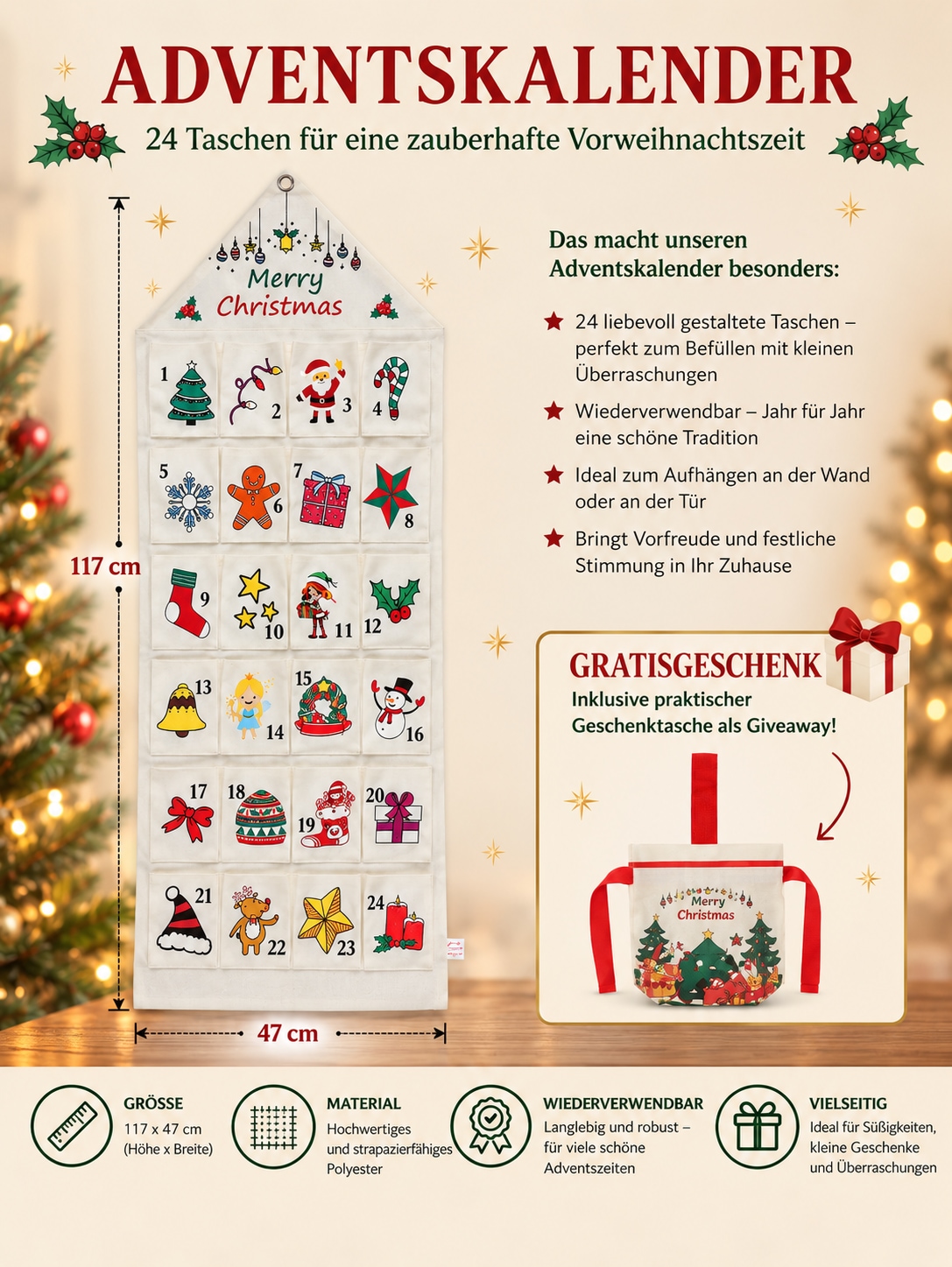 OTTO home Adventskalender »aus Stoff mit kunterbunten Motiven,zum Befüllen« Es liegt keine Altersempfehlung vor ca.47x117cm, ideal für Türen oder als Wandbehang