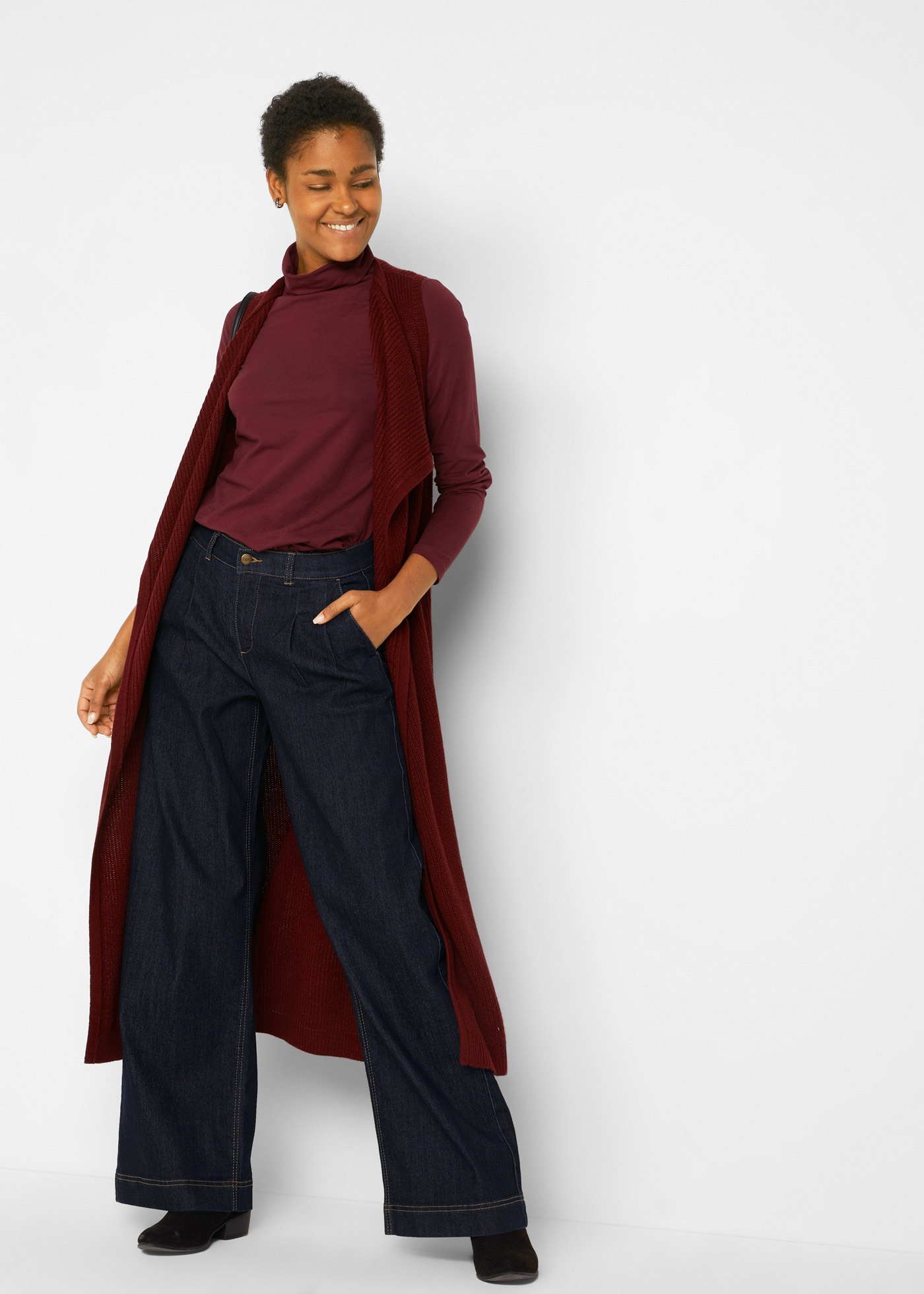 bonprix Weite Jeans »Wide-Leg-Jeans High Waist, Bequembund« Loose Fit Passform, High Waist, mit Bundfalten