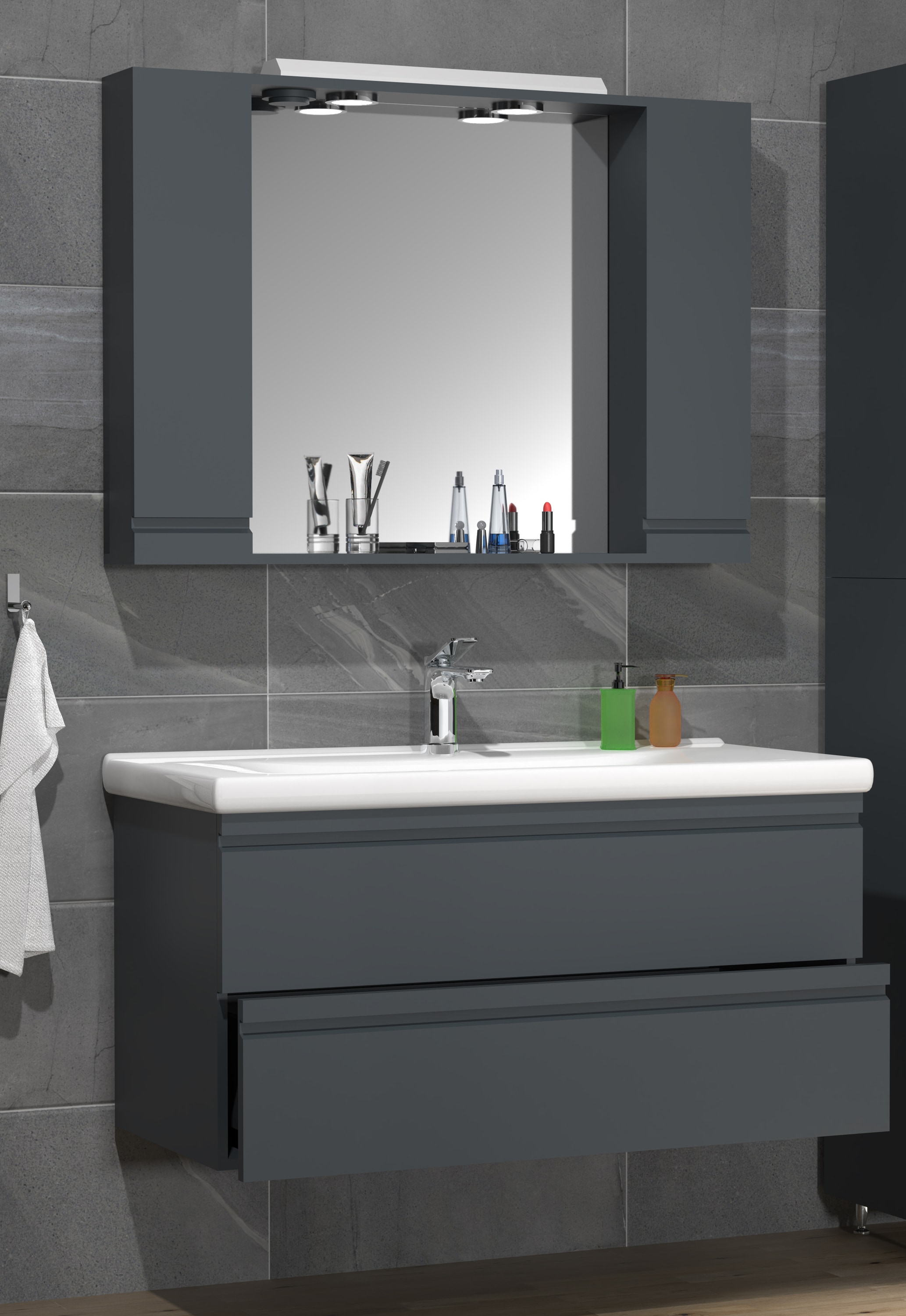 VCM Waschbeckenunterschrank »VCM 3-tlg. Waschplatz Waschtisch 100 cm Badmöbel Set Waschbecken grifflose Schublade Spiegelschrank Silora XL«, (3 St.)