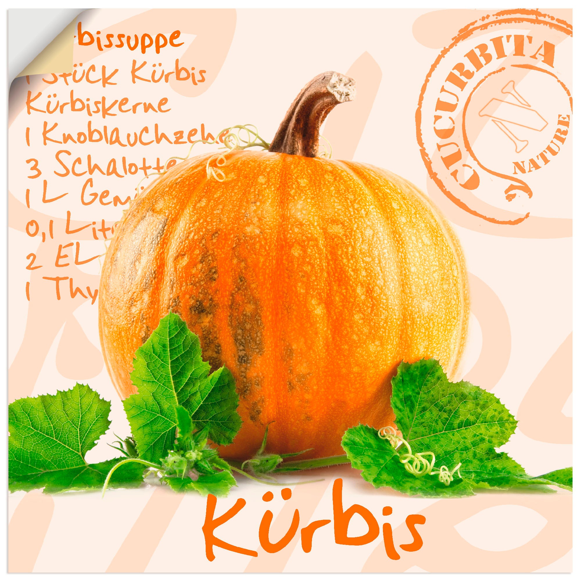 Artland Wandbild »Gelber Kürbis mit grünen Blättern«, Lebensmittel, (1 St.), in vielen Größen & Produktarten - Alubild / Outdoorbild für den Außenbereich, Leinwandbild, Poster, Wandaufkleber / Wandtattoo auch für Badezimmer geeignet