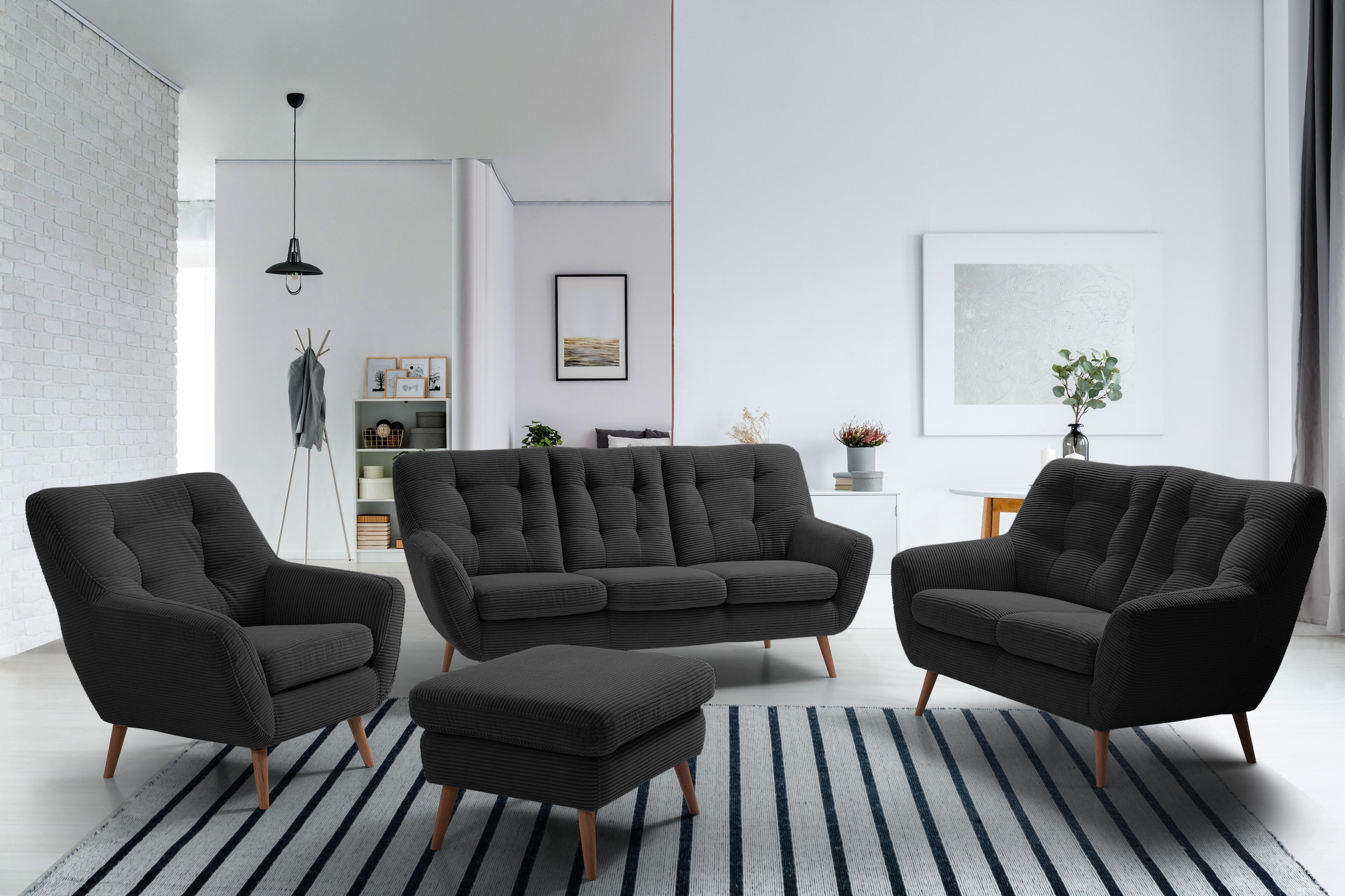 exxpo - sofa fashion 3-Sitzer »Scandi, bequem, aufwendige Rückenpolsterung für mehr Sitzkomfort«, aktuelle Farben in hochwertigen Bezugsqualitäten, Holzfuß