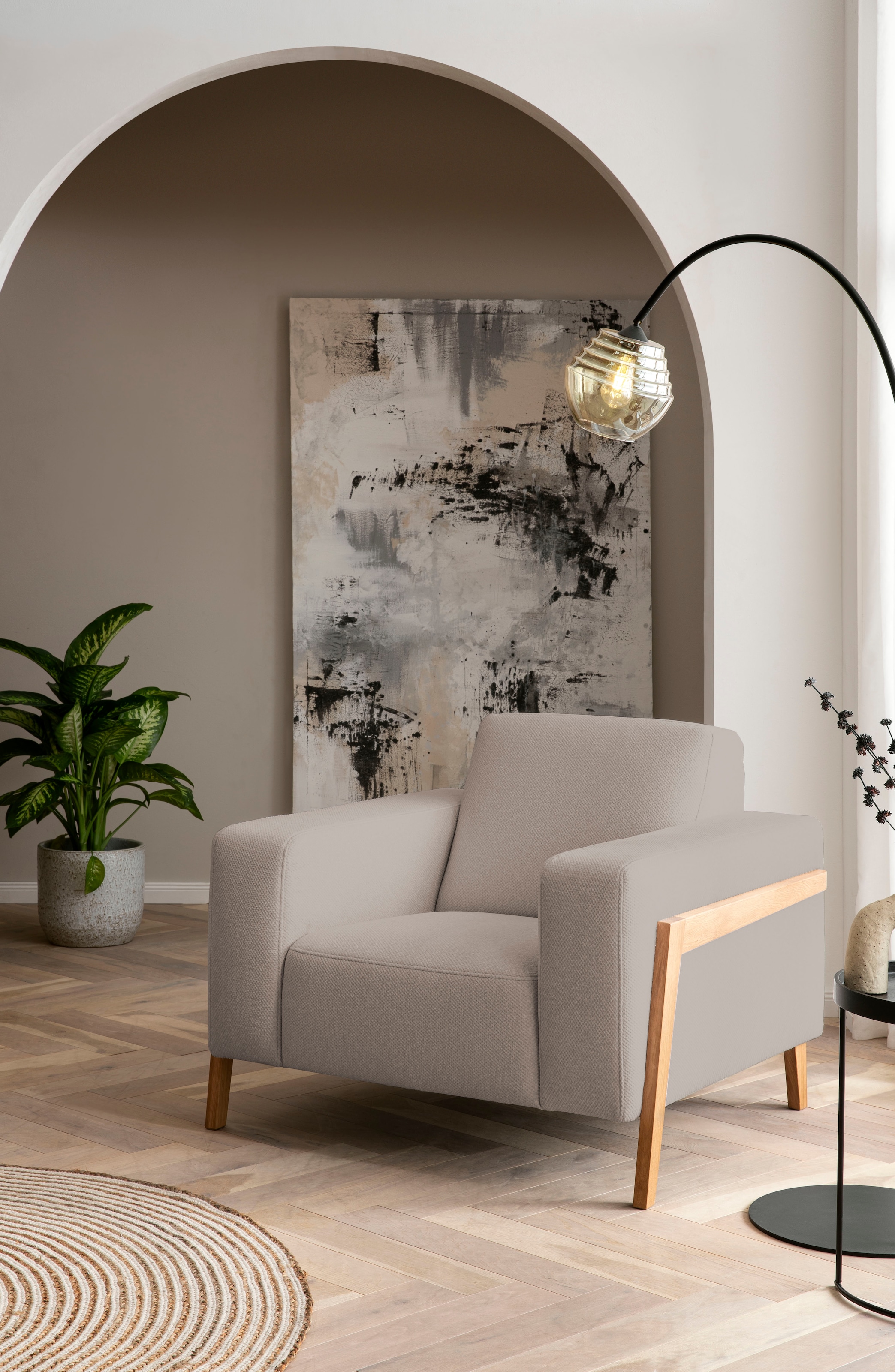 exxpo - sofa fashion Sessel »Starr, Loungesessel, Scandic Design mit Sichtholz am Armteil«, im Scandinavian Design, mit Massive Holzfüße, frei im Raum stellbar