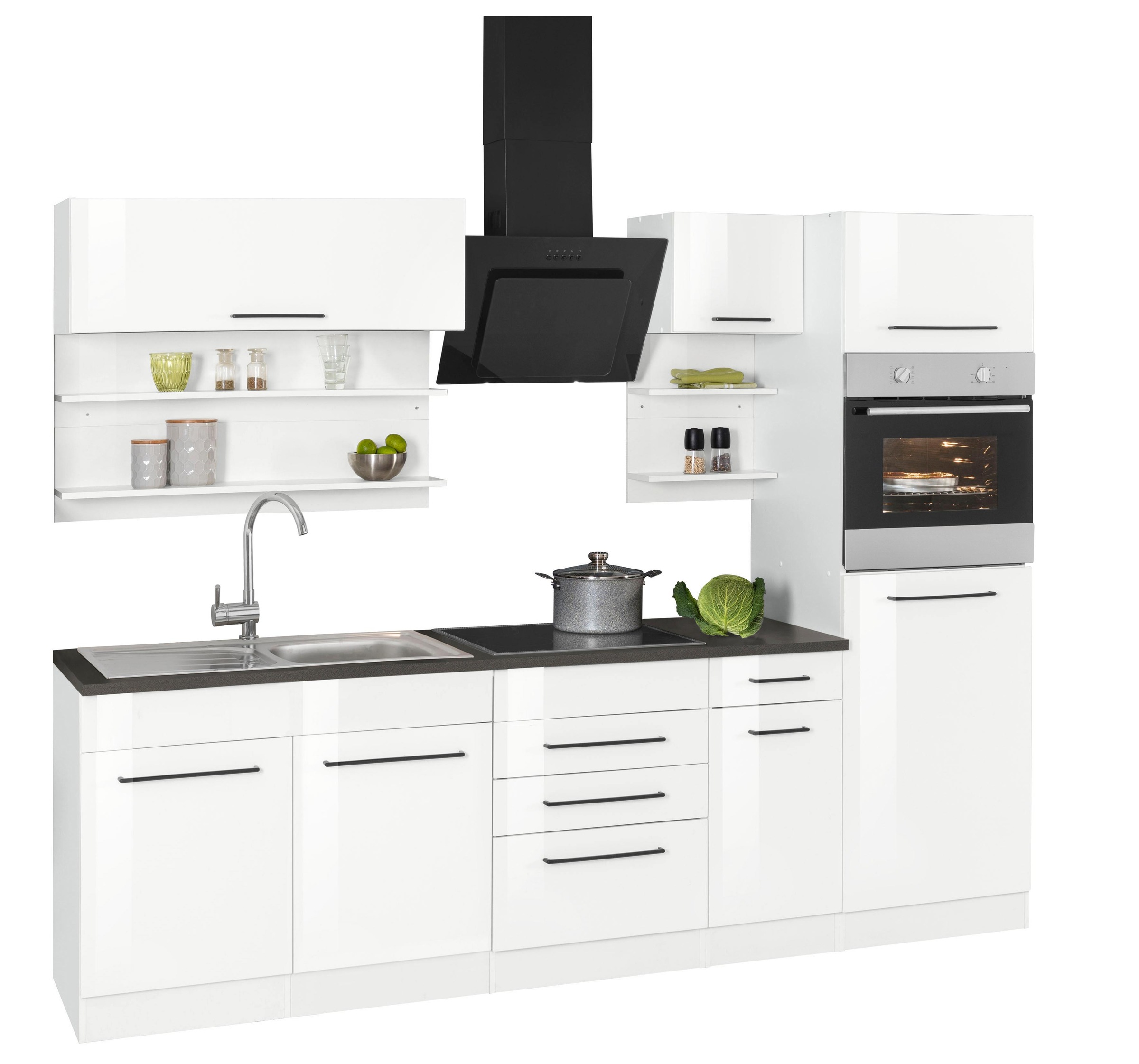 KOCHSTATION Küchenzeile »KS-Tulsa« mit E-Geräten, Breite 270 cm, schwarze Metallgriffe, MDF Fronten