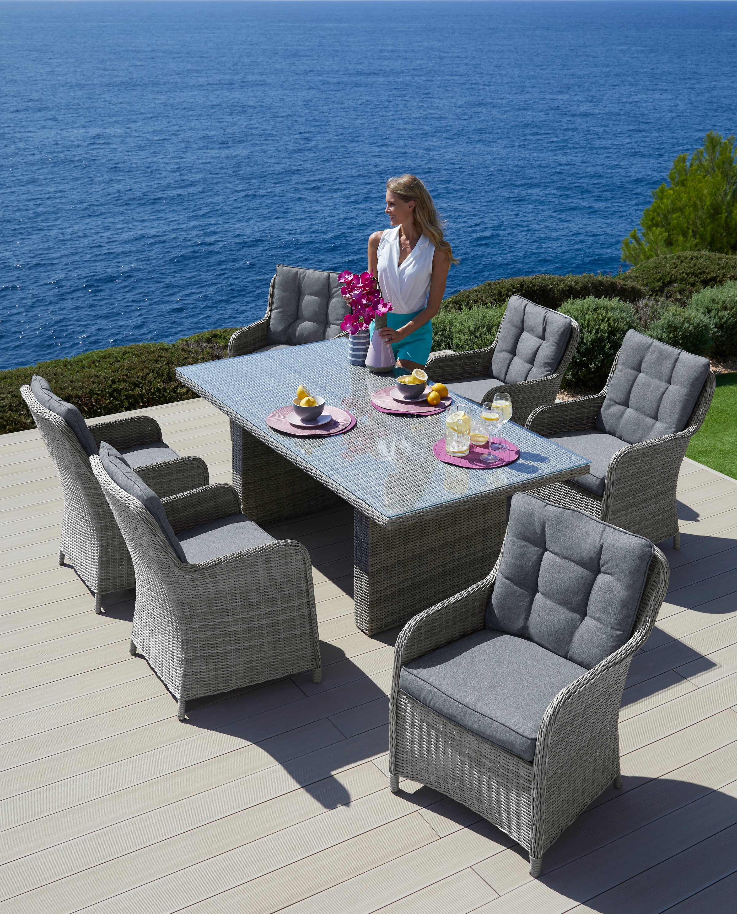 KONIFERA Garten-Essgruppe »Menorca«, (19 tlg.), 6 Sessel, Tisch 200x100 cm,  Polyrattan kaufen bei OTTO