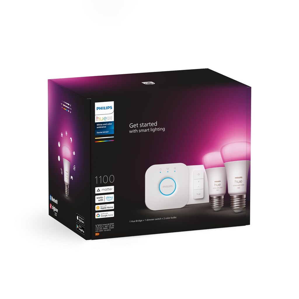 Philips Hue Smarte LED-Leuchte »White & Col. Amb. E27 2er Starter Set inkl. DimmerSwitch 2x1100«