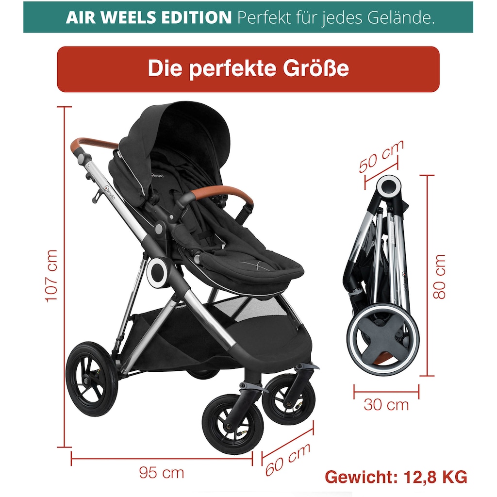 BabyGo Kombi-Kinderwagen »Halime AIR 3in1, Anthracite Silver«, mit Luftreifen, inkl. Babywanne, Babyschale, Regenhaube & Wickeltasche
