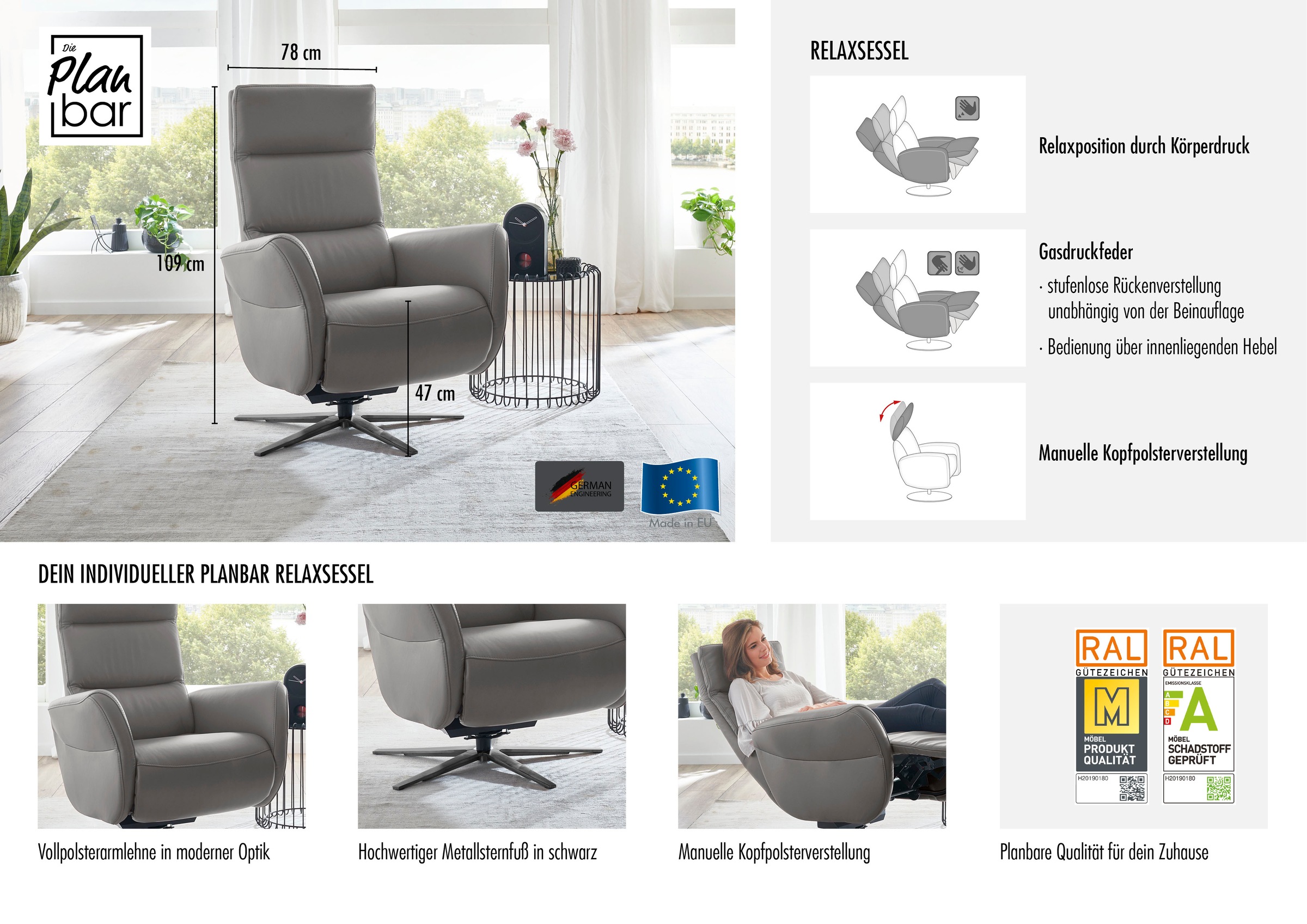Die PlanBar Relaxsessel »PN-RS20038 mit Metallsternfuß inkl. Relaxfunktion und Kopfverstellung« 1 Stk. tlg. 360° drehbar, mit Gasdruckverstellung