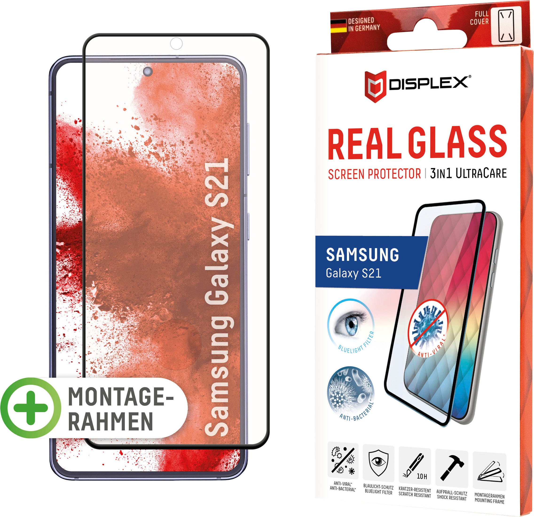 Displex Displayschutzglas »DISPLEX Ultra Care Glass Panzerglas für Samsung Galaxy S21 (6,2), 10H Tempered Glass, mit Montagerahmen, Full Cover«, für Samsung Galaxy S21, (1 St.)