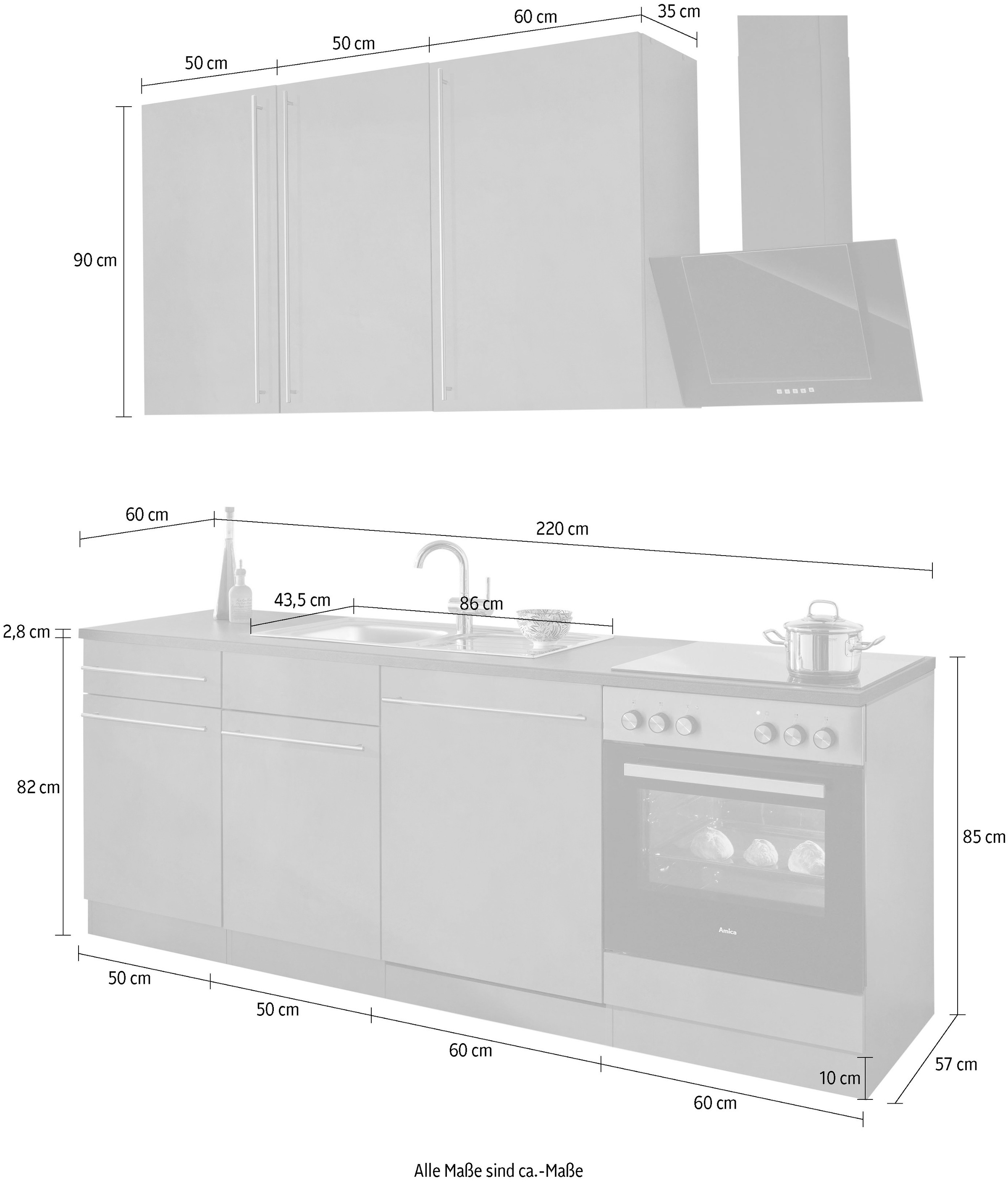 wiho Küchen Küchenzeile »Chicago«, ohne E-Geräte, Breite 220 cm