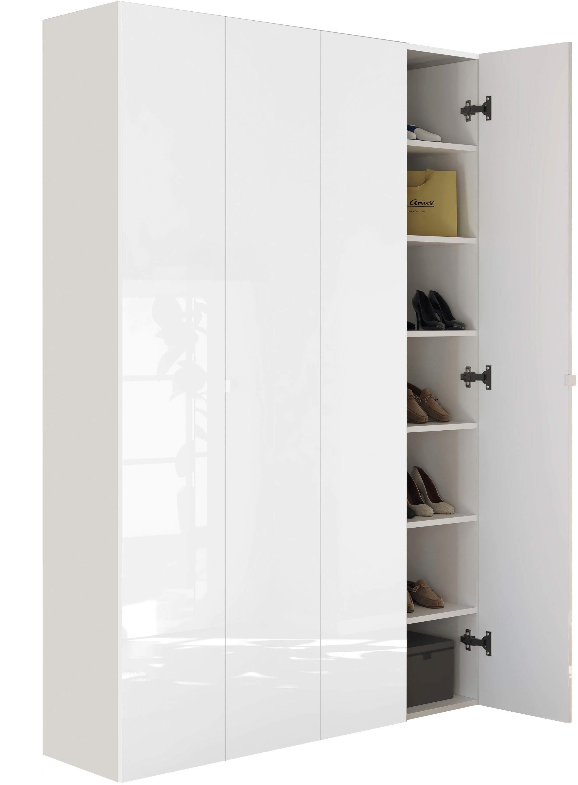 INOSIGN Schuhschrank »SMILE Breite 124 cm, Höhe 184 cm, Schuhregal mit 7 Ebenen, 14 Fächer«, Schuhkommode in Weiss Hochglanz Lack, 2 Metallgriffe