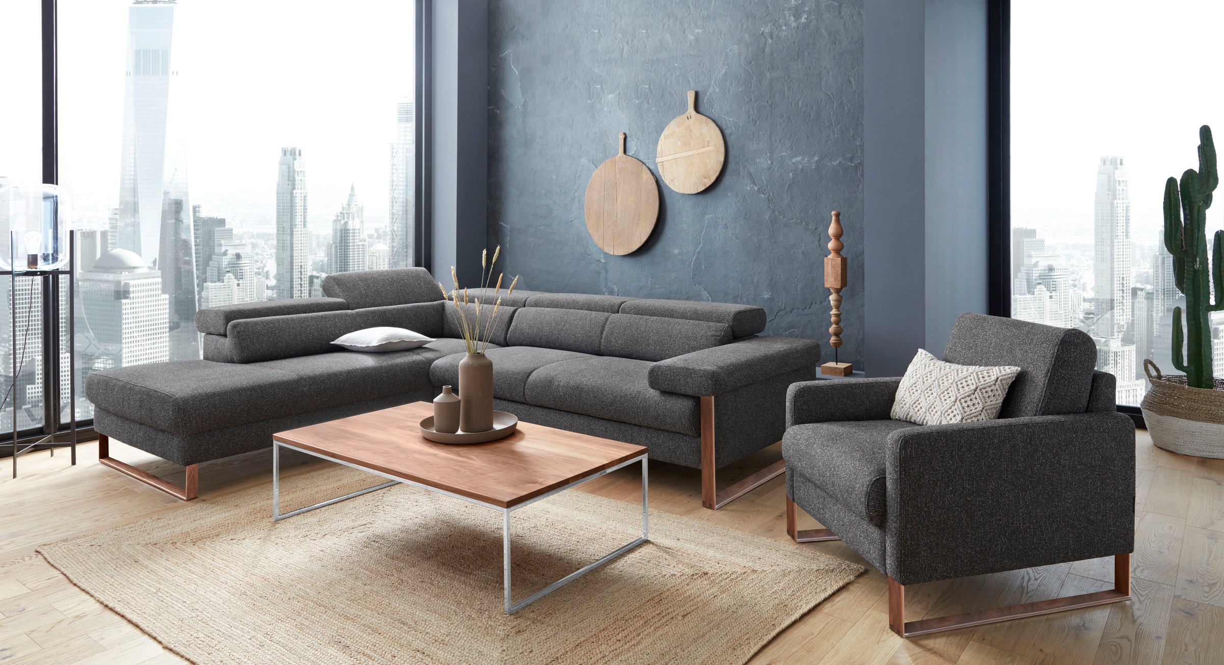 W.SCHILLIG Ecksofa »finn, Designsofa mit tollem Sitzkomfort, bequem, L-Form«, German Design Award 2016, Fußgestell Nussbaum natur, Breite 281 cm