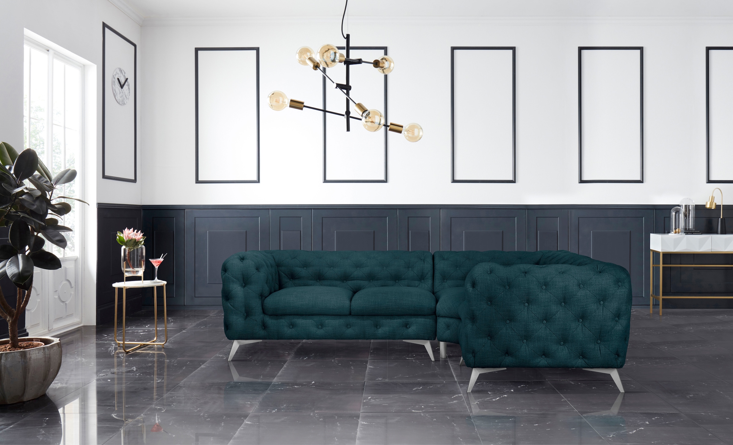 Leonique Chesterfield-Sofa »Ecksofa GLYNIS L-Form mit Wellenunterfederung, Maße B/T/H 264/204/75cm« aufwändige Knopfheftung, moderne Chesterfield Optik, Fußfarbe wählbar