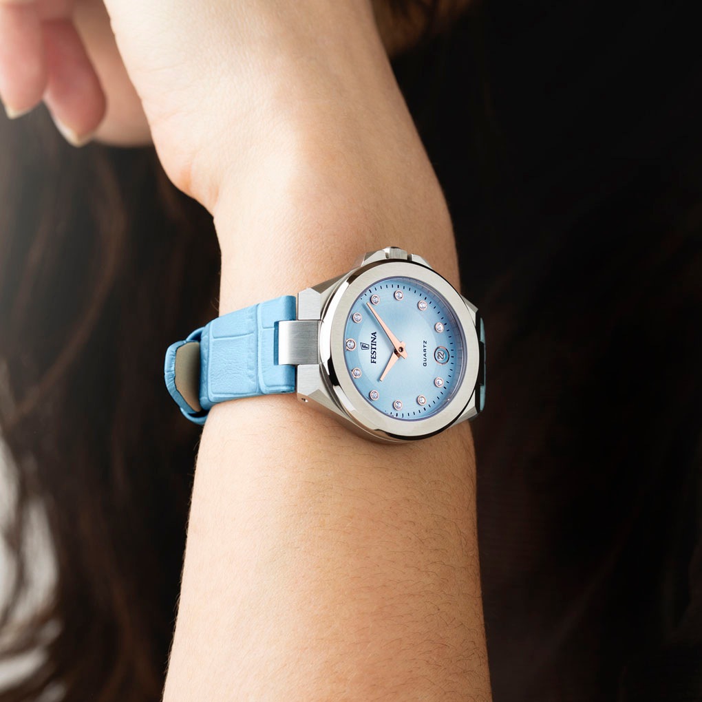 Festina Quarzuhr »Mademoiselle«, Armbanduhr, Damenuhr, Lederarmband, analog, Tag, Zirkonia (synth.)