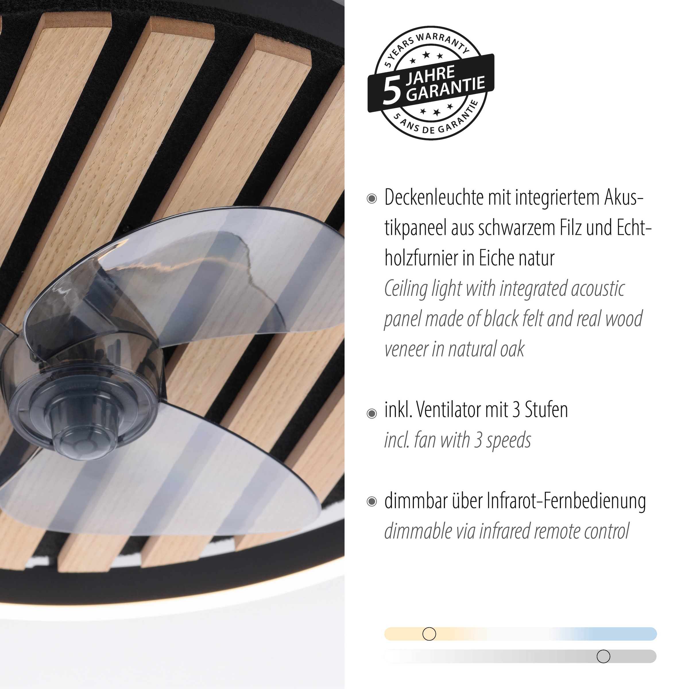 Leonique Deckenleuchte »Brialeen - Akustikpaneele«, 1 flammig, Leuchtmittel LED-Board | LED fest integriert, Deckenventilator, Deckenlampe, Ventilator, Akustik, Holz, Paneele